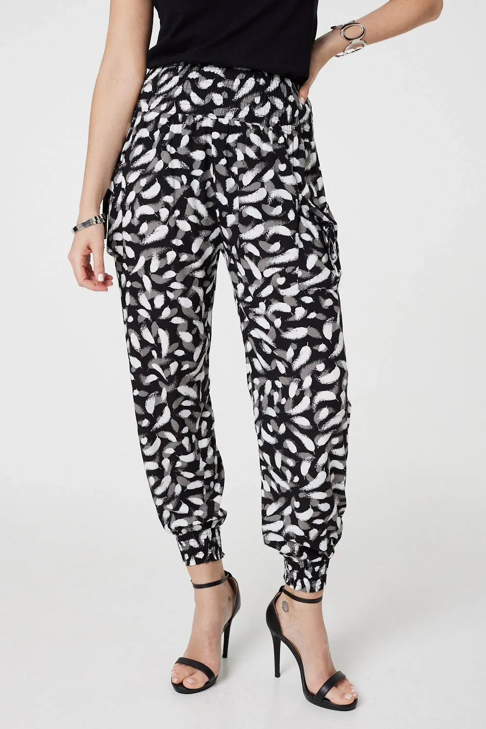 Feather Print Harem Pants with Pockets