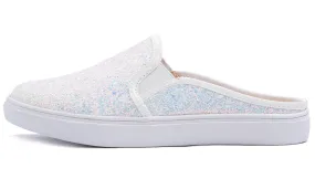 Feversole Women's Sport Mules Slip On Loafers Fashion Backless Sneakers White Glitter