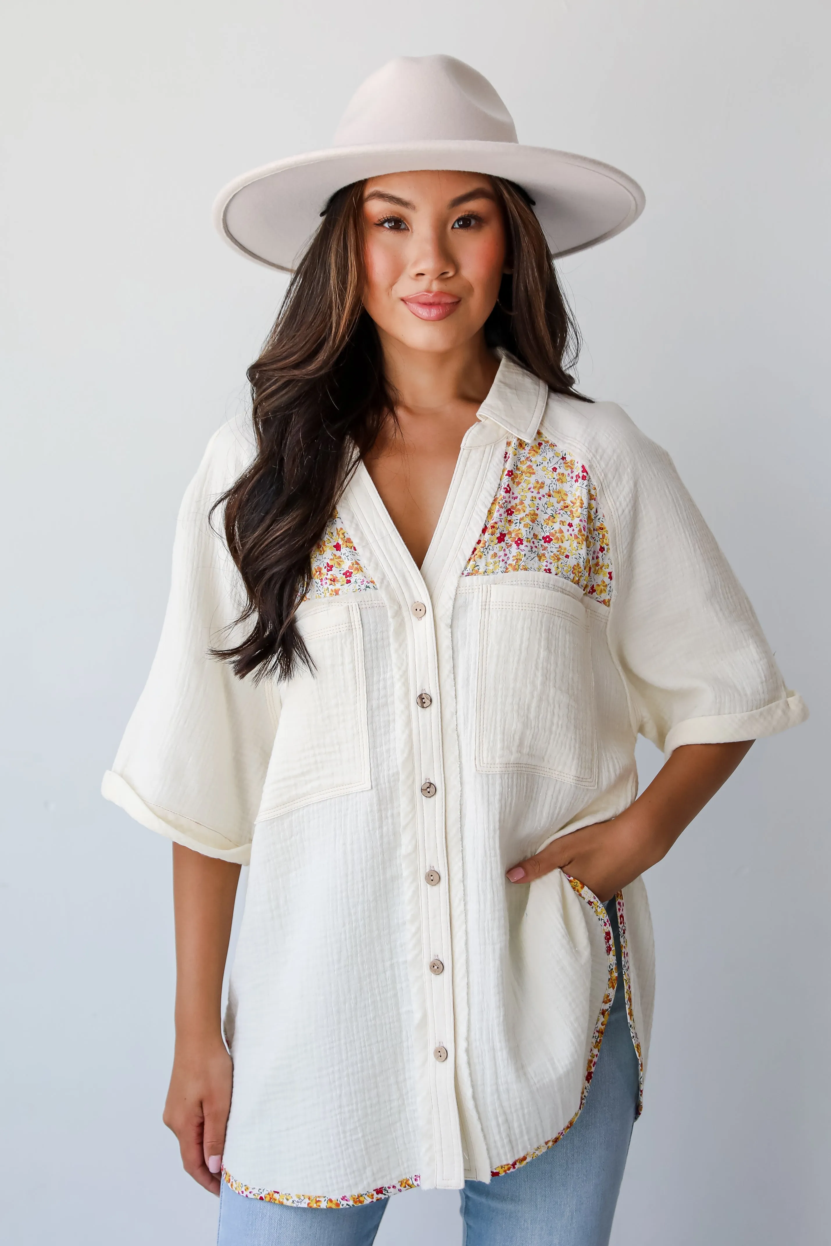 FINAL SALE - Number One Choice Ivory Floral Linen Blouse