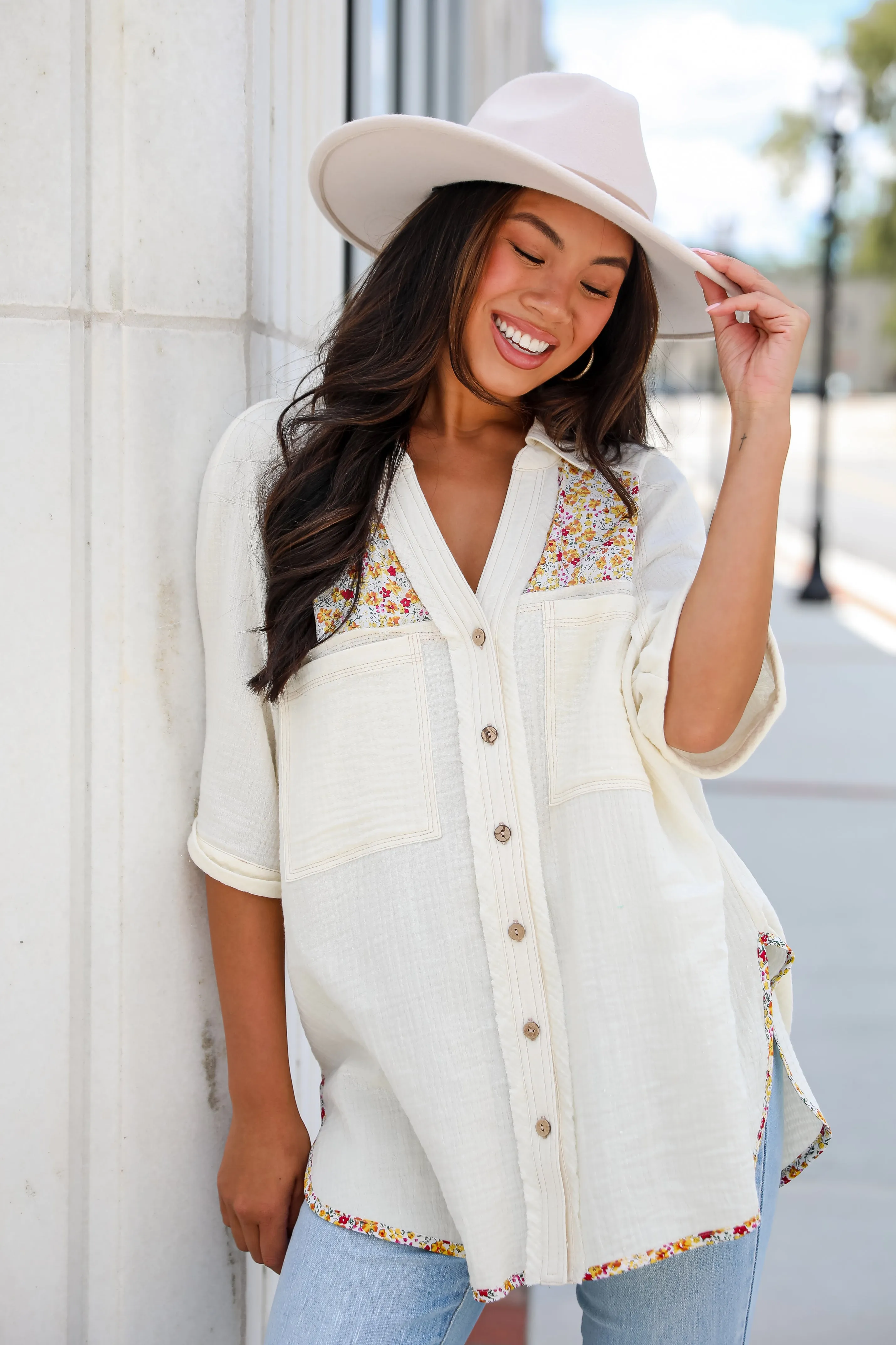 FINAL SALE - Number One Choice Ivory Floral Linen Blouse