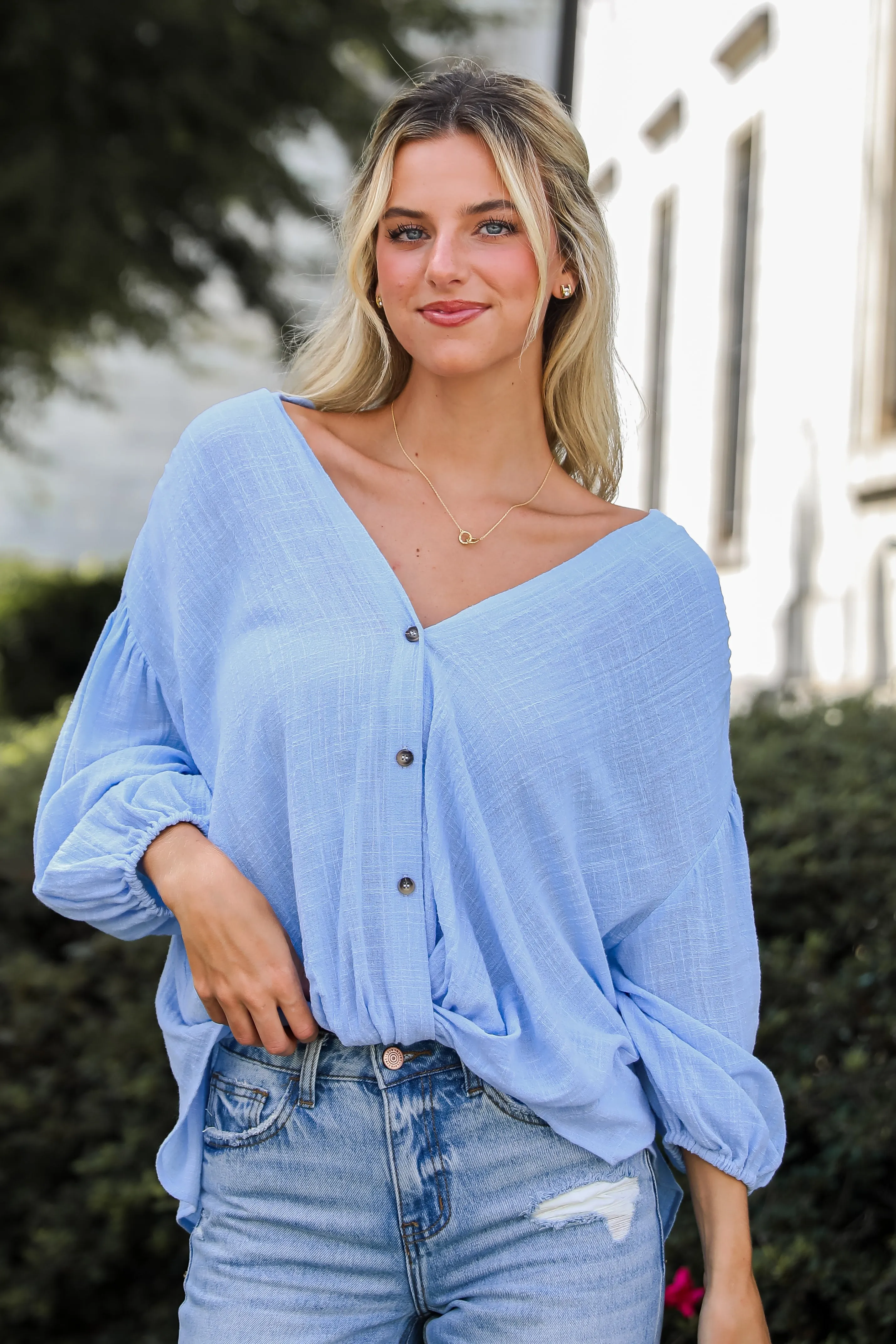 FINAL SALE - Sleek Dedication Light Blue Linen Blouse