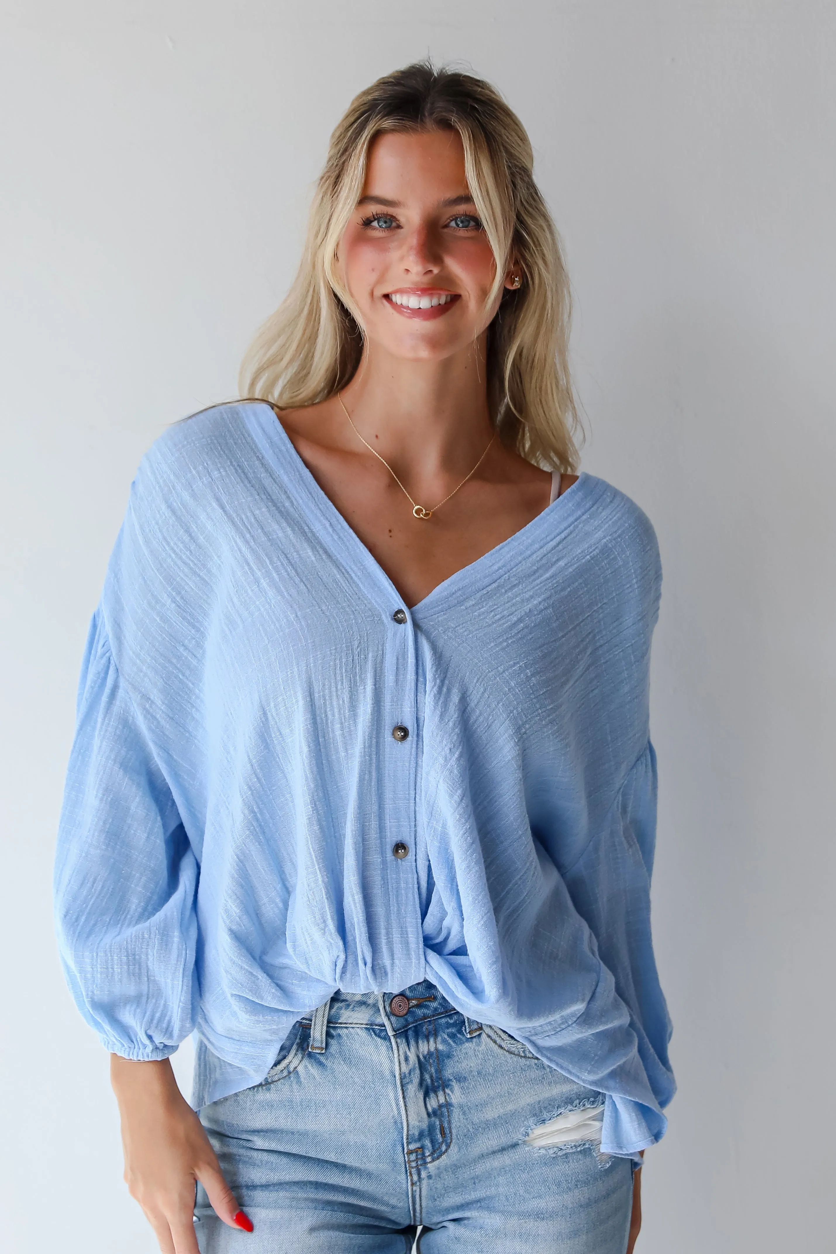 FINAL SALE - Sleek Dedication Light Blue Linen Blouse