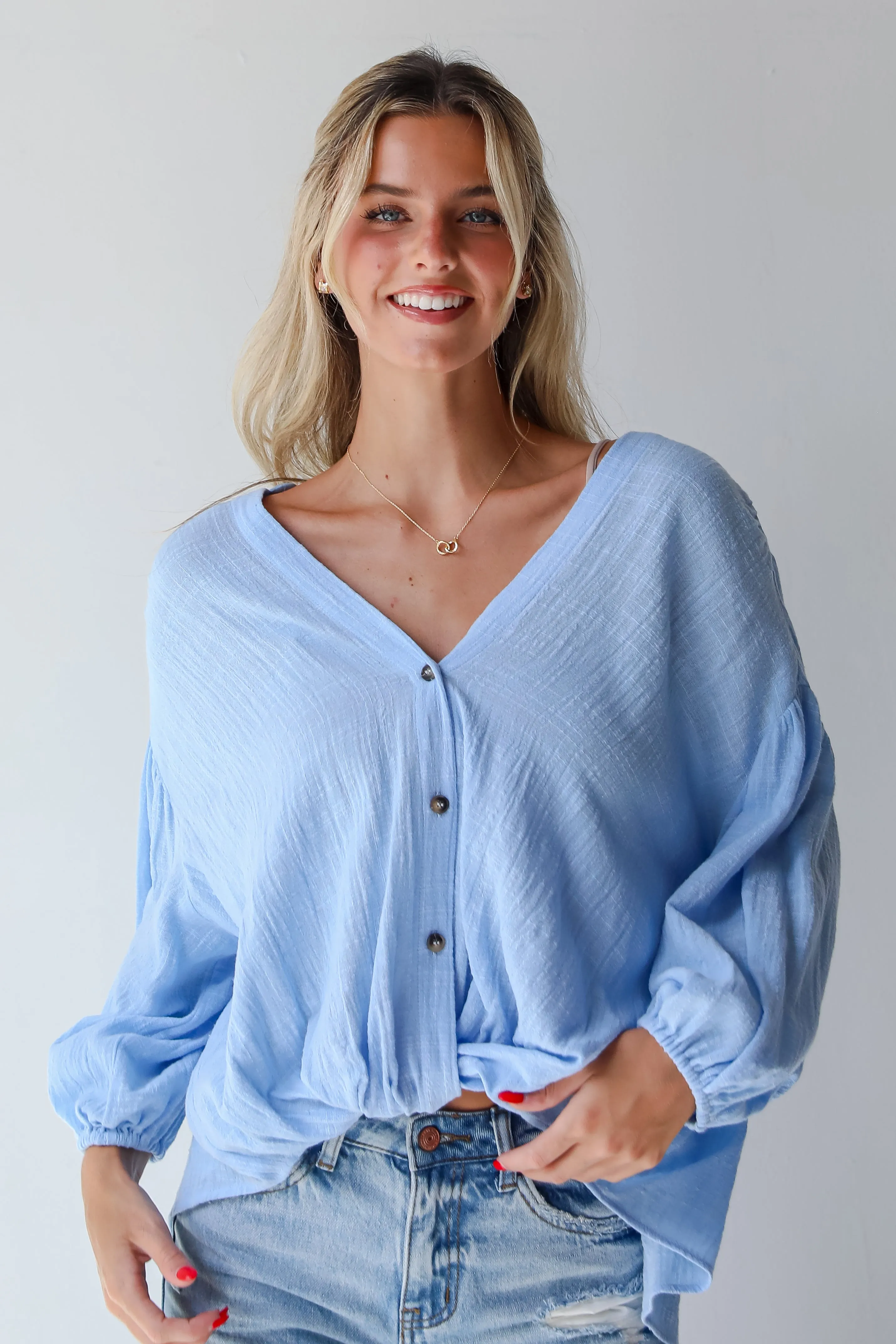 FINAL SALE - Sleek Dedication Light Blue Linen Blouse