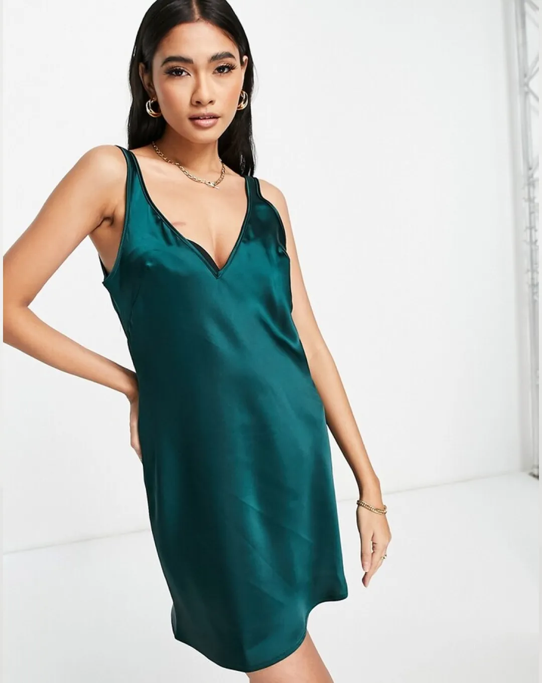 Flounce London Satin Mini Slip Dress in Teal