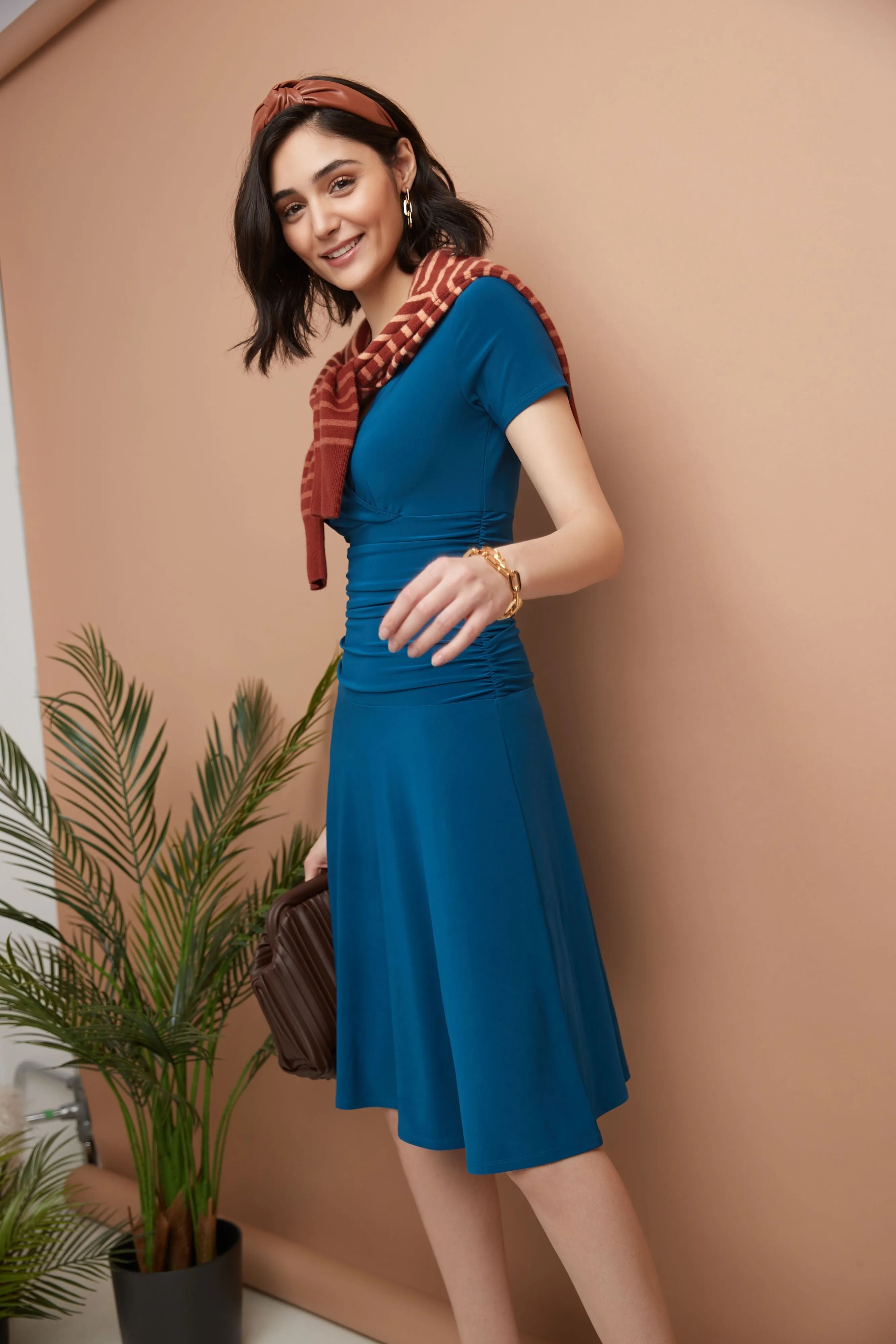 Form-fitting Short Sleeve Dress with Ruching