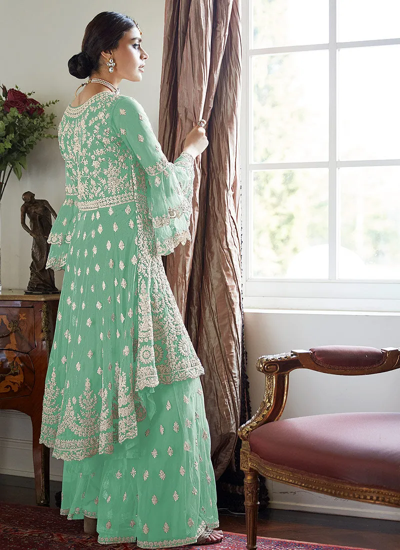 Green Beige Multi Embroidered Designer Gharara Suit