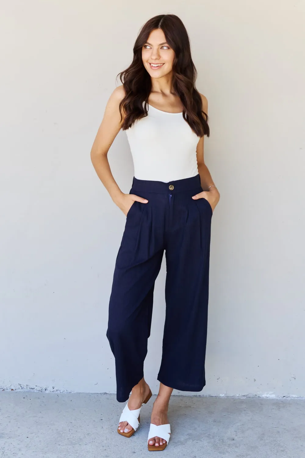 In The Mix Full Size Pleated Detail Linen Pants in Dark Navy