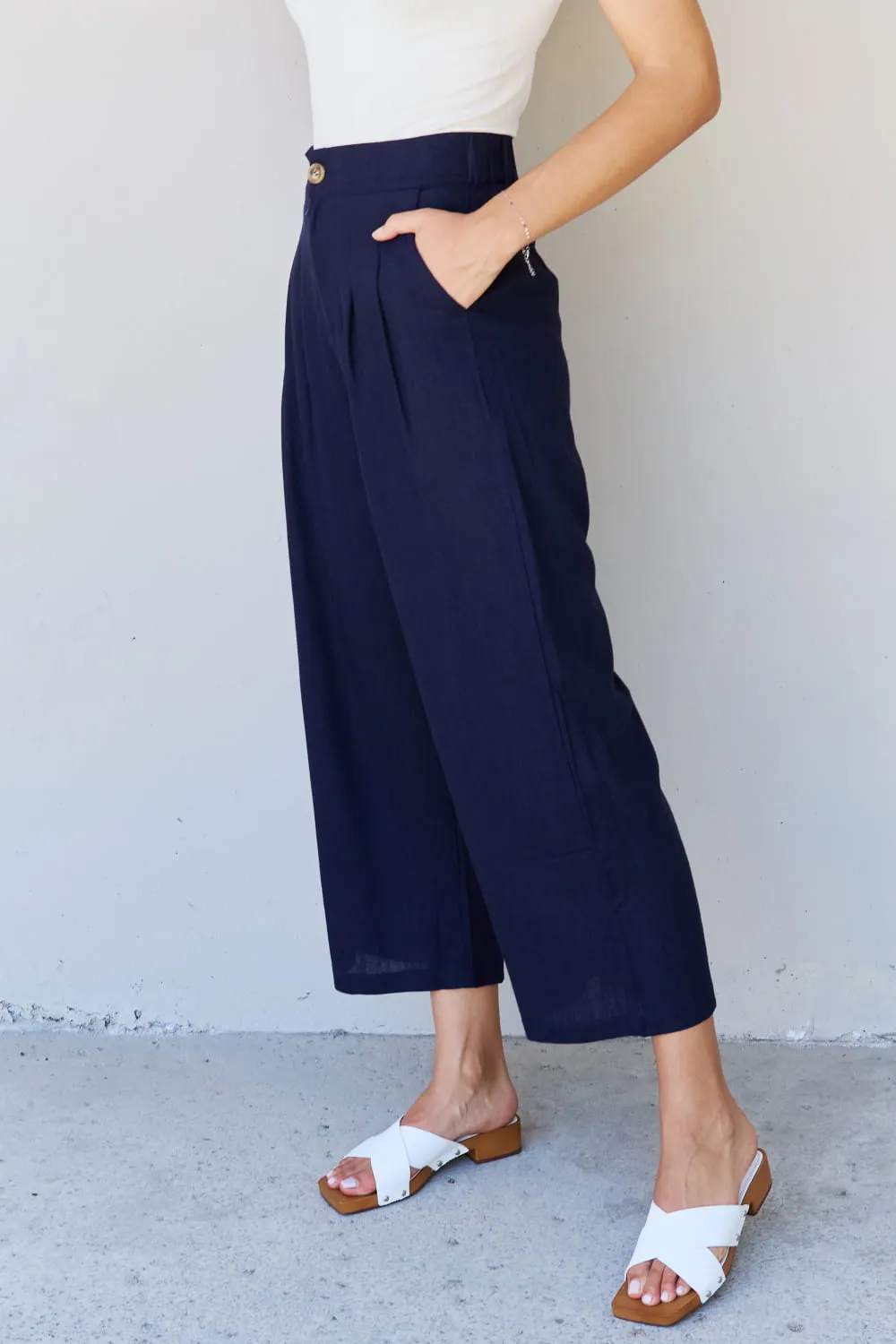 In The Mix Full Size Pleated Detail Linen Pants in Dark Navy