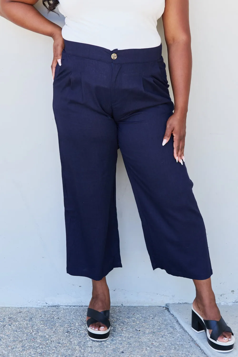 In The Mix Full Size Pleated Detail Linen Pants in Dark Navy