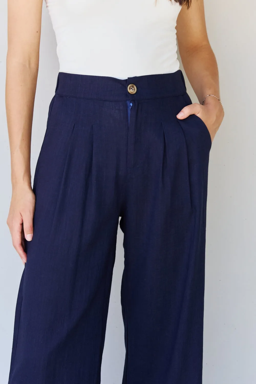 In The Mix Full Size Pleated Detail Linen Pants in Dark Navy