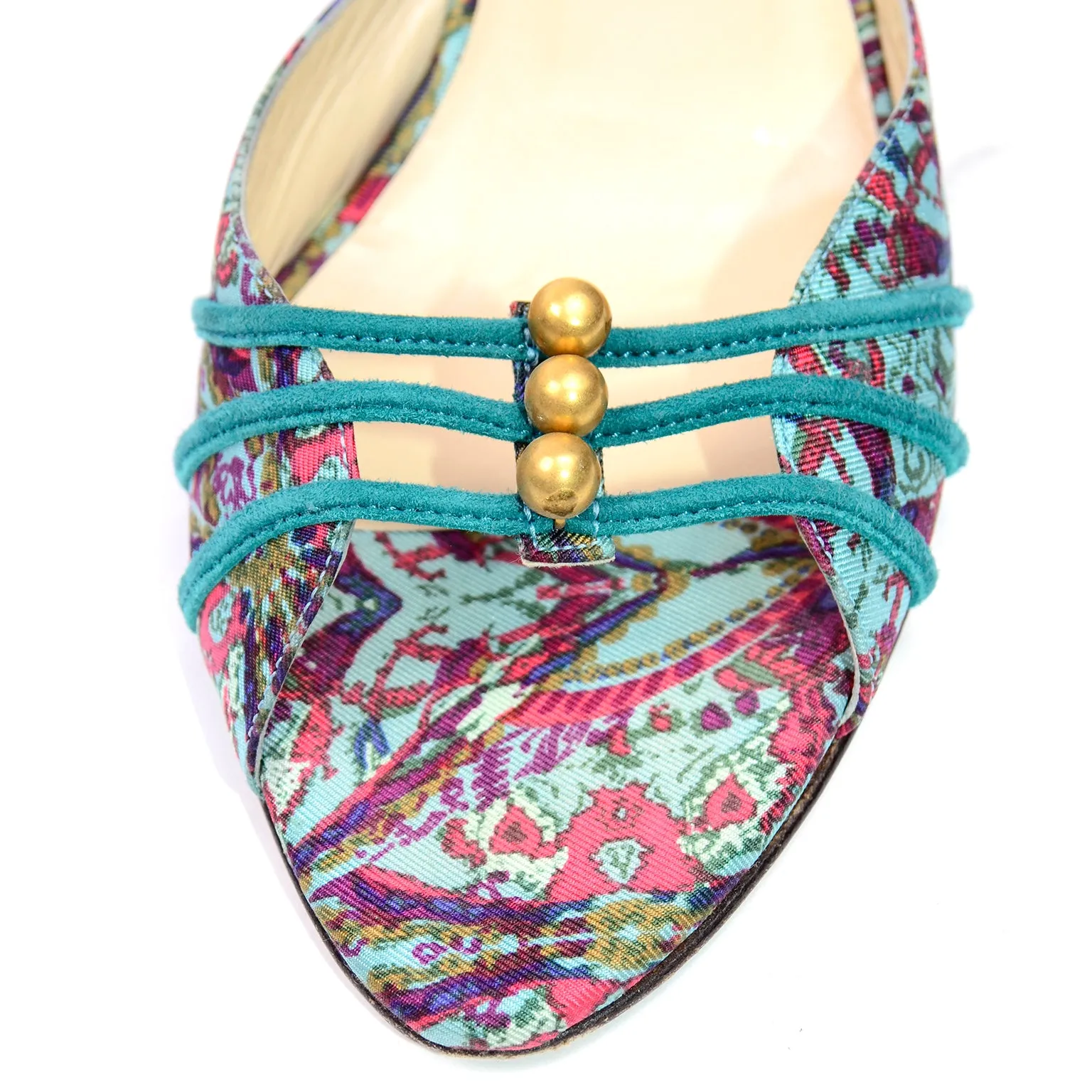 Jimmy Choo Turquoise & Pink Floral Heeled Sandals w/ Gold Beads 6.5