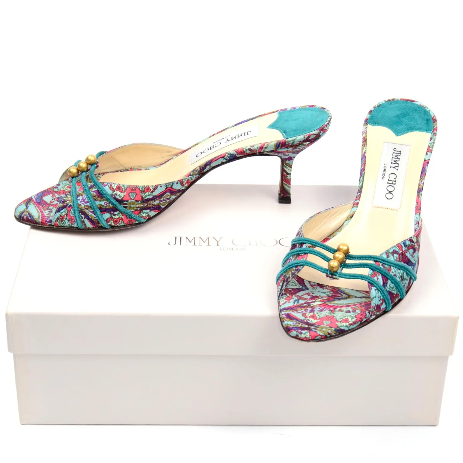 Jimmy Choo Turquoise & Pink Floral Heeled Sandals w/ Gold Beads 6.5