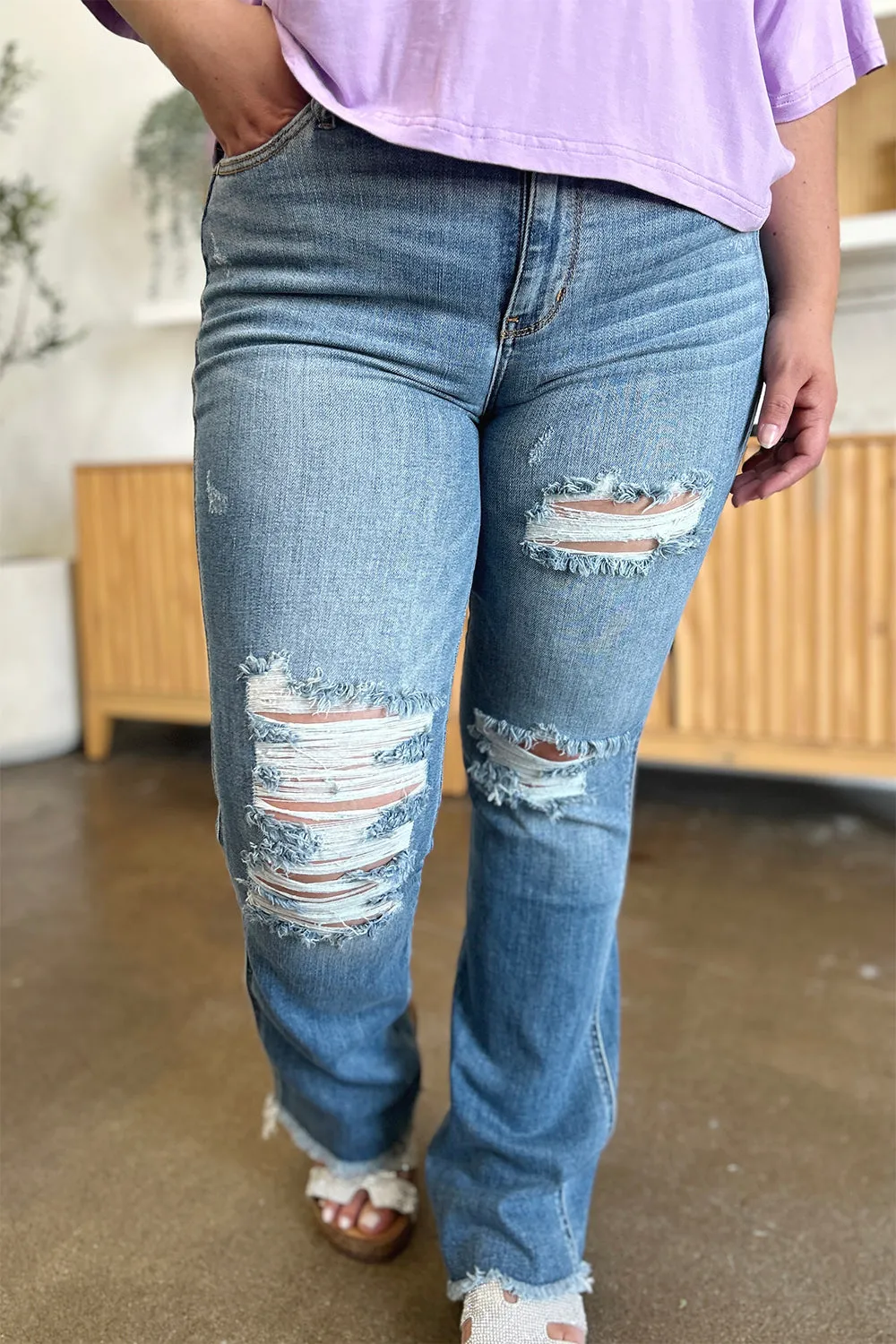 Judy Blue Distressed Raw Hem Bootcut Jeans [Online Exclusive]