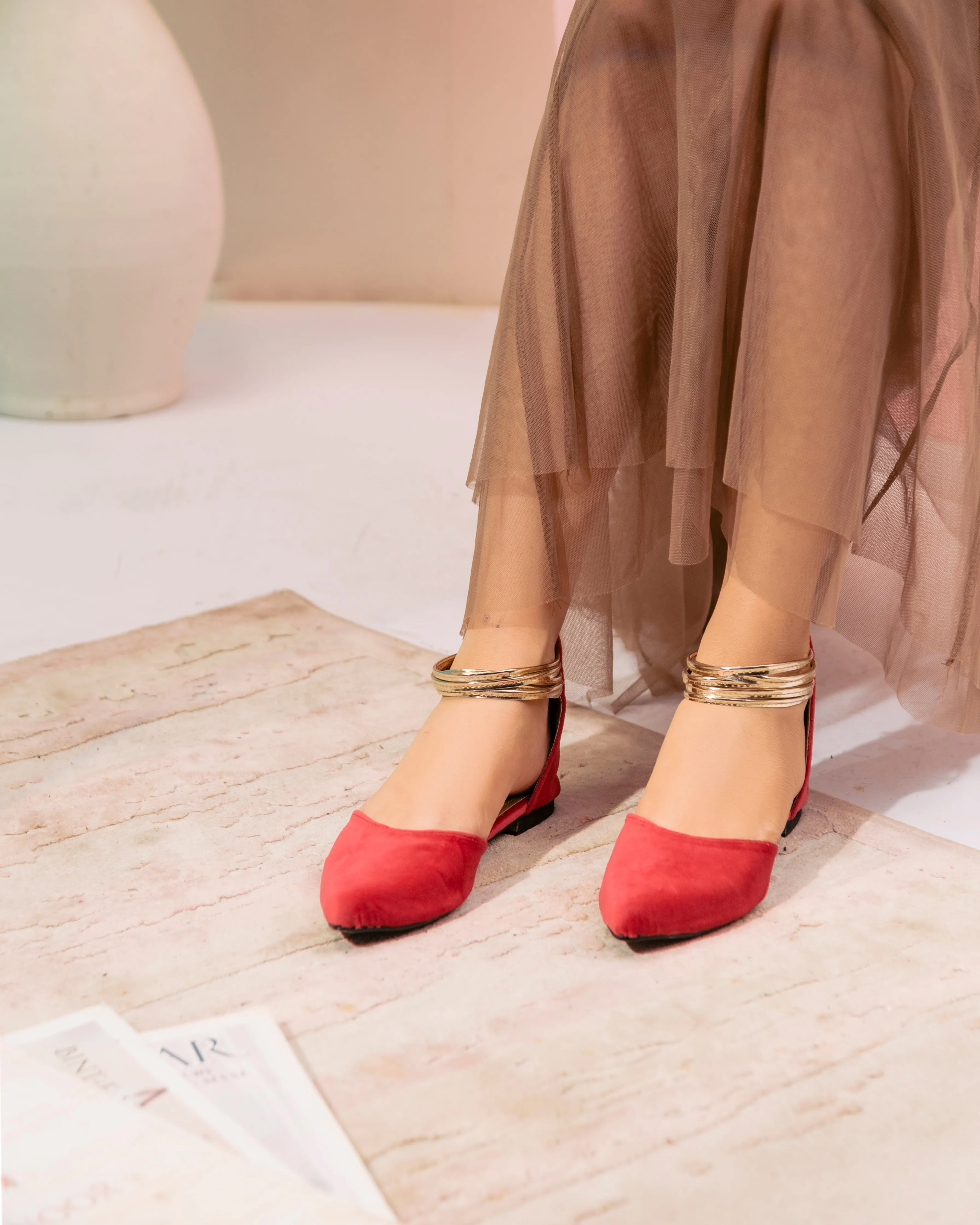 Koral Pink Suede and Gold Ankle Strap Flats