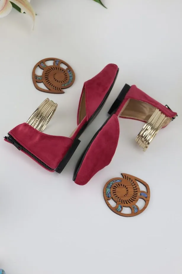 Koral Pink Suede and Gold Ankle Strap Flats