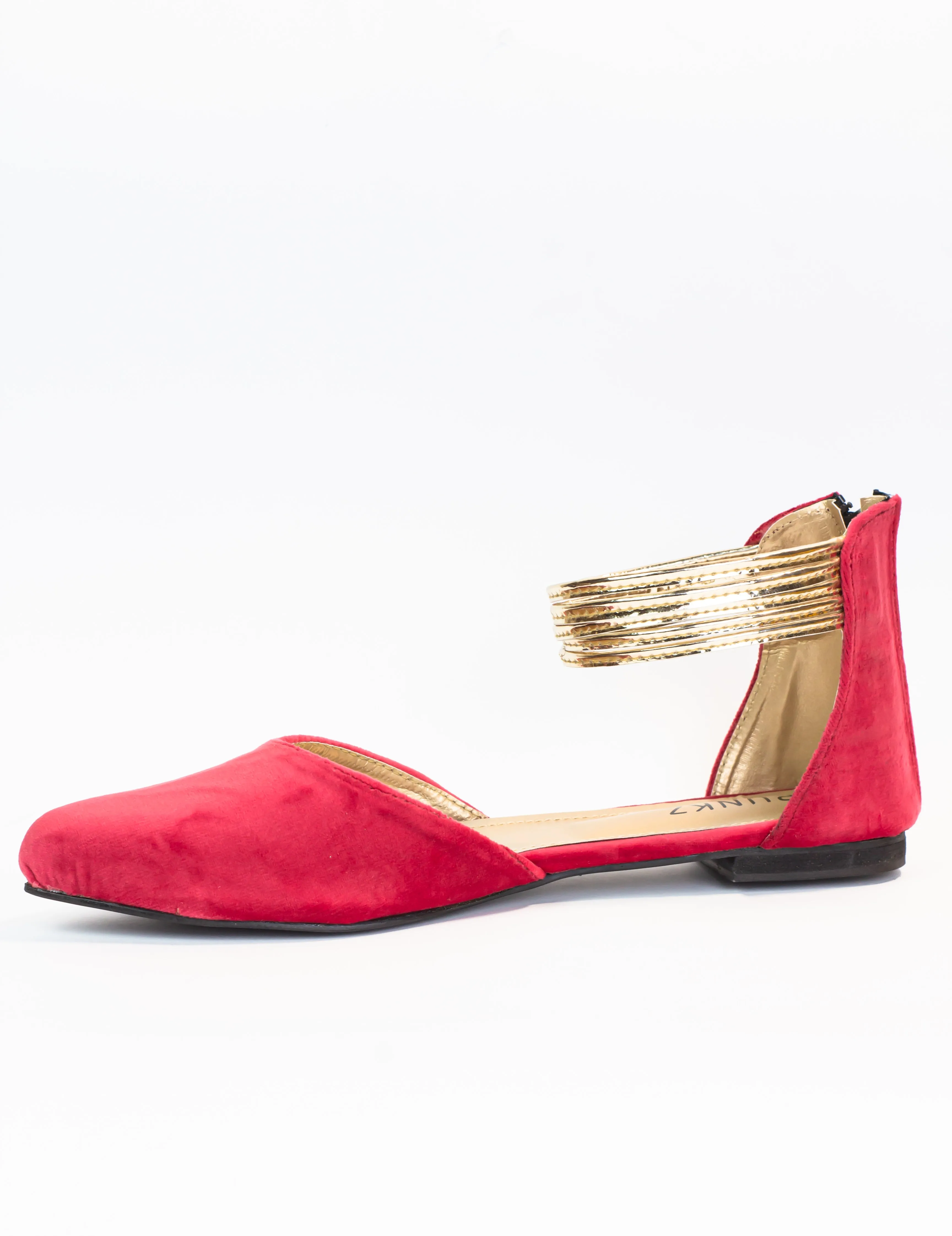 Koral Pink Suede and Gold Ankle Strap Flats