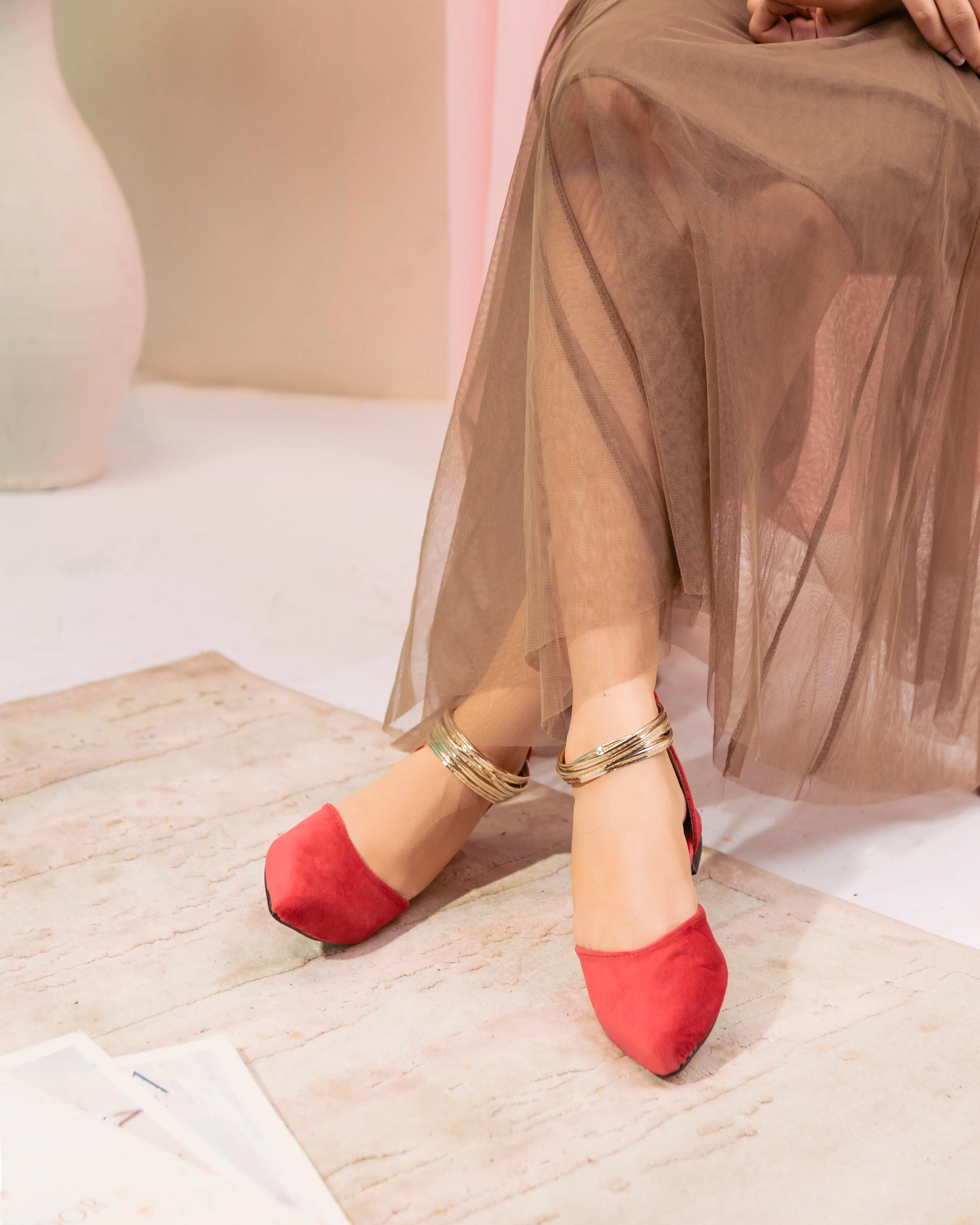 Koral Pink Suede and Gold Ankle Strap Flats