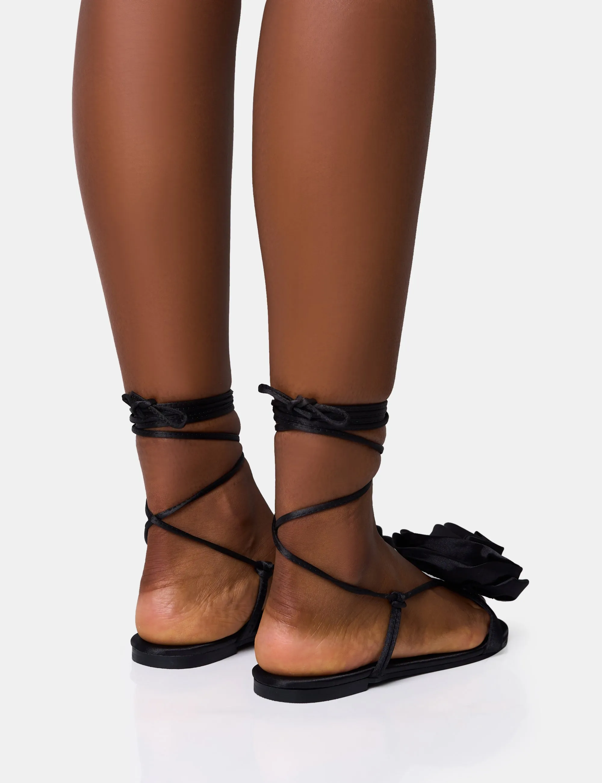 Magnolia Black Flower Corsage Lace Up Flat Sandals