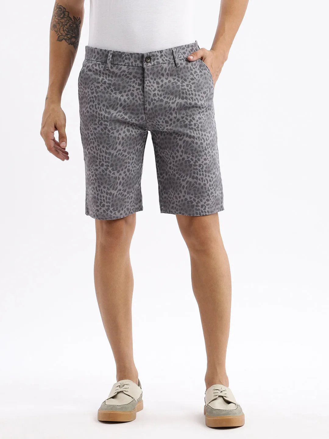 Men Animal Grey Cotton Shorts