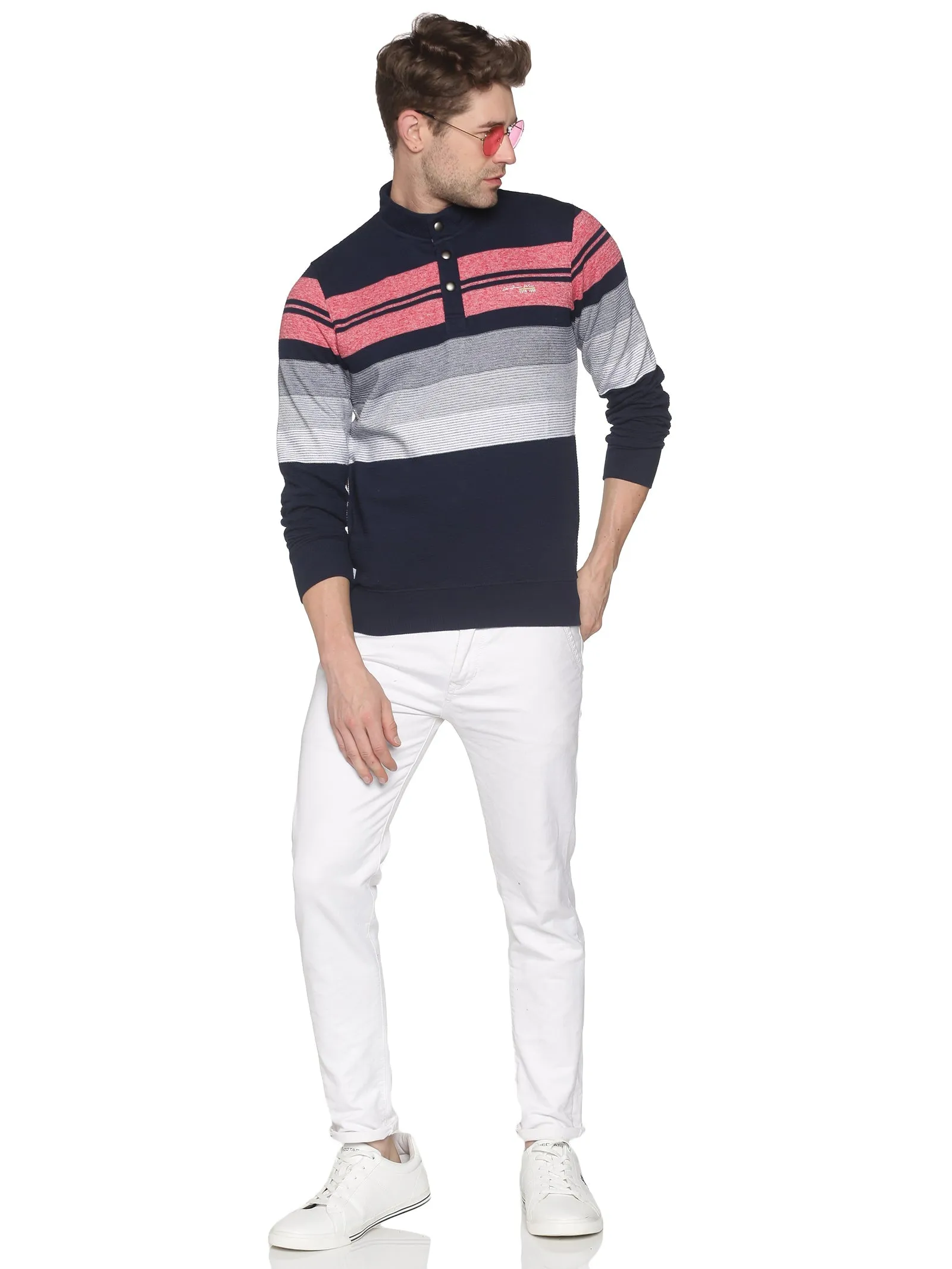 Men Striped Navy Blue Sweatshirt