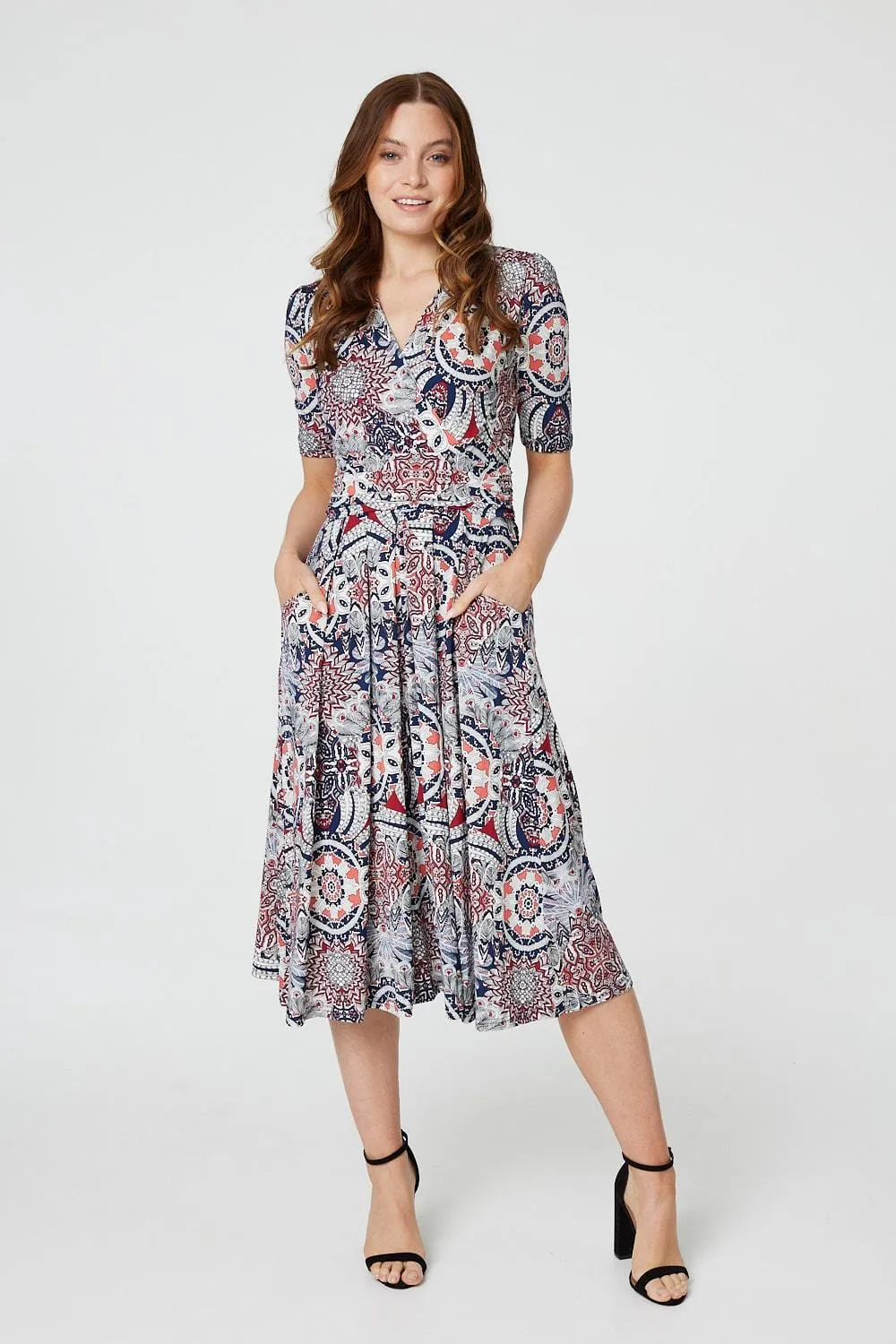 Mosaic Print Ruched Midi Dress