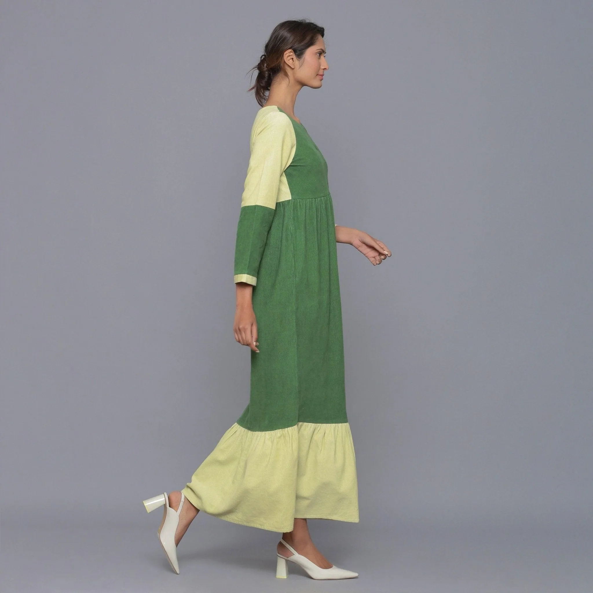 Moss Green Warm Cotton Corduroy Ankle Length Boho Dress