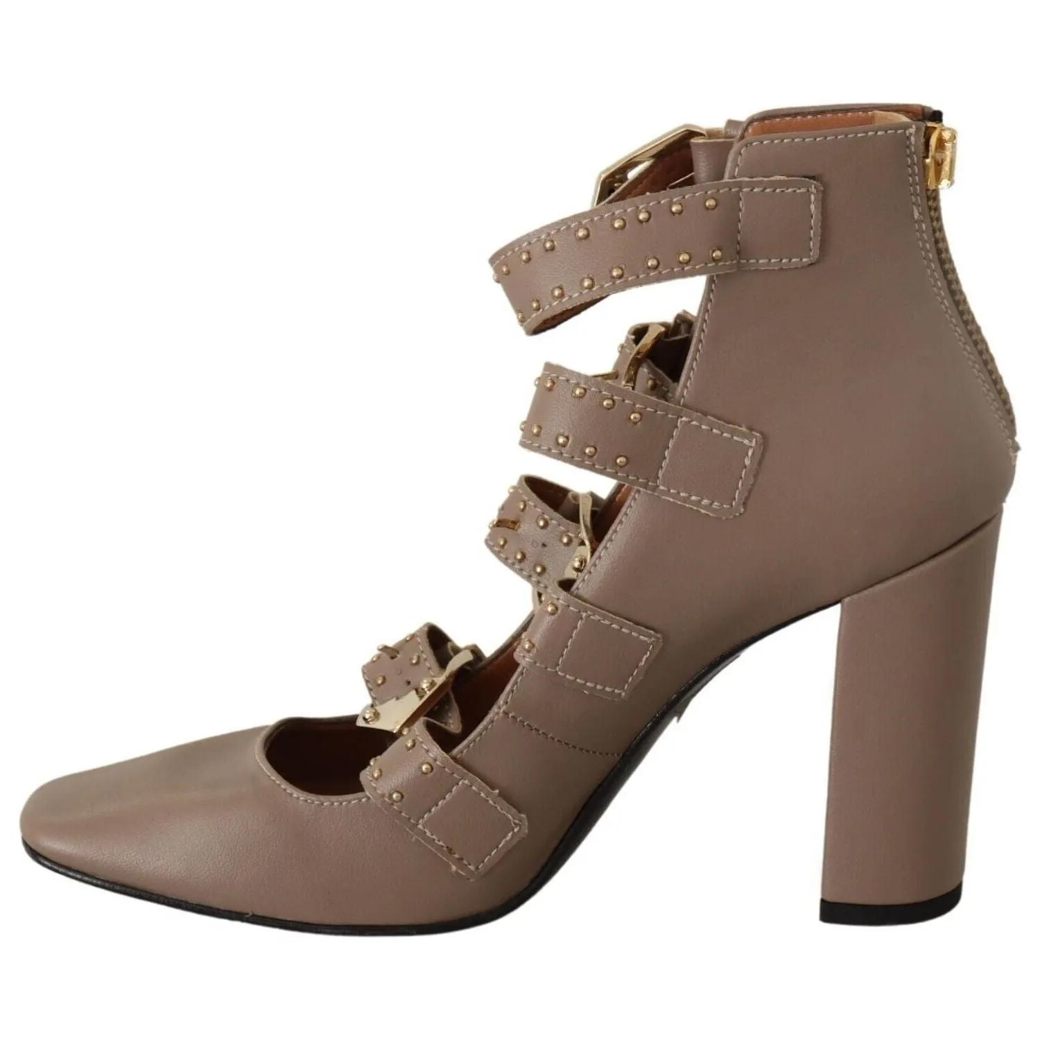 MY TWIN Elegant Leather Multi-Buckle Heels in Brown