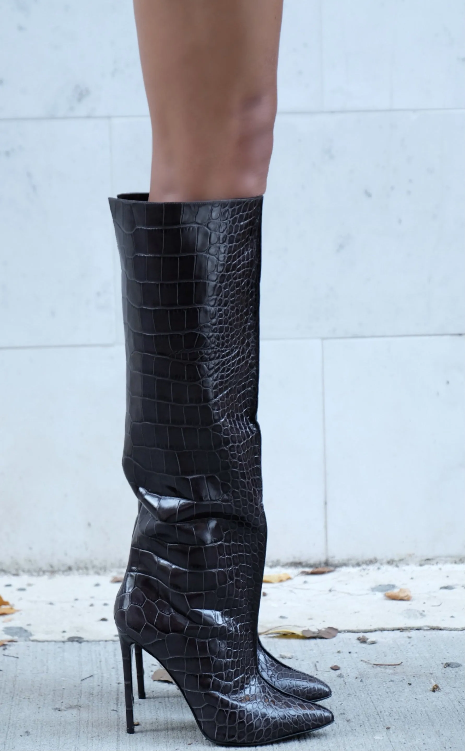 NORA BLACK EMBOSSED LEATHER KNEE BOOTS