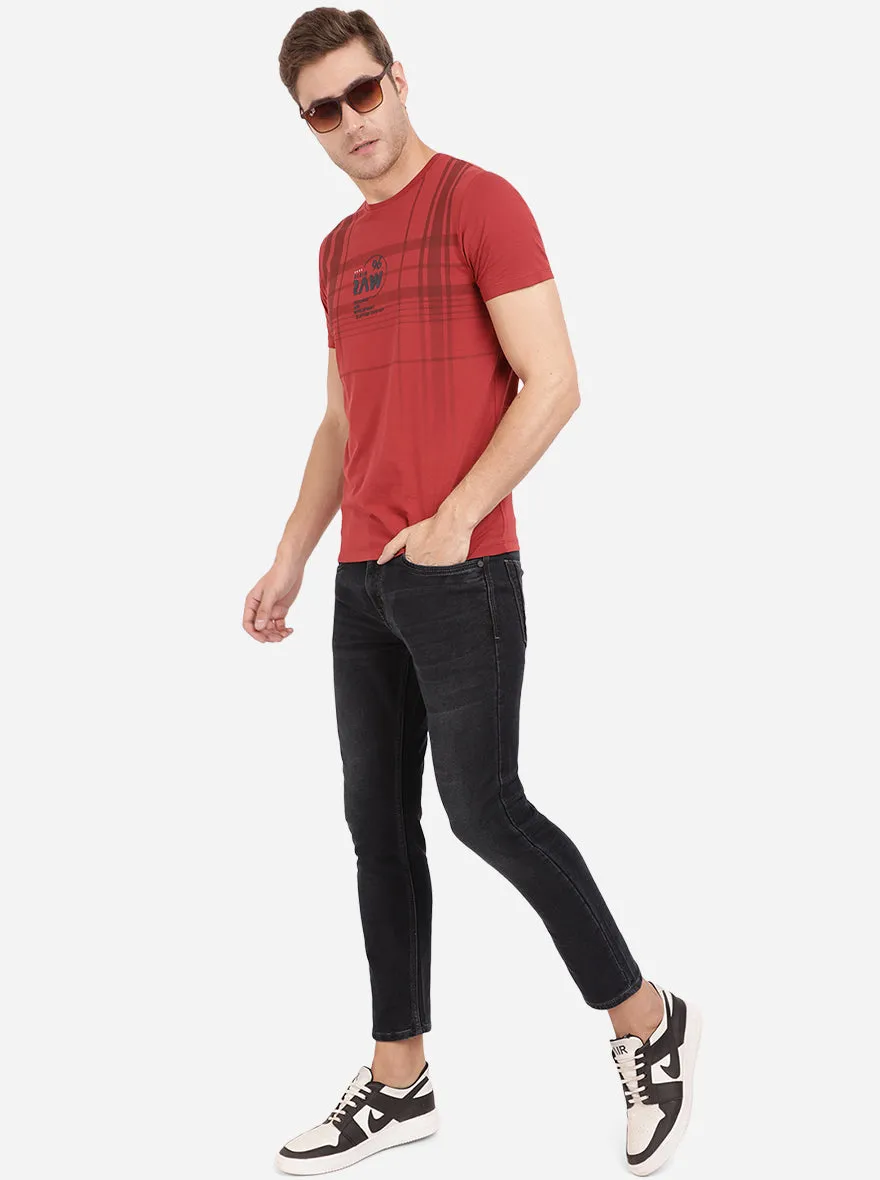 Ochre Red Printed Slim Fit T-Shirt | JadeBlue