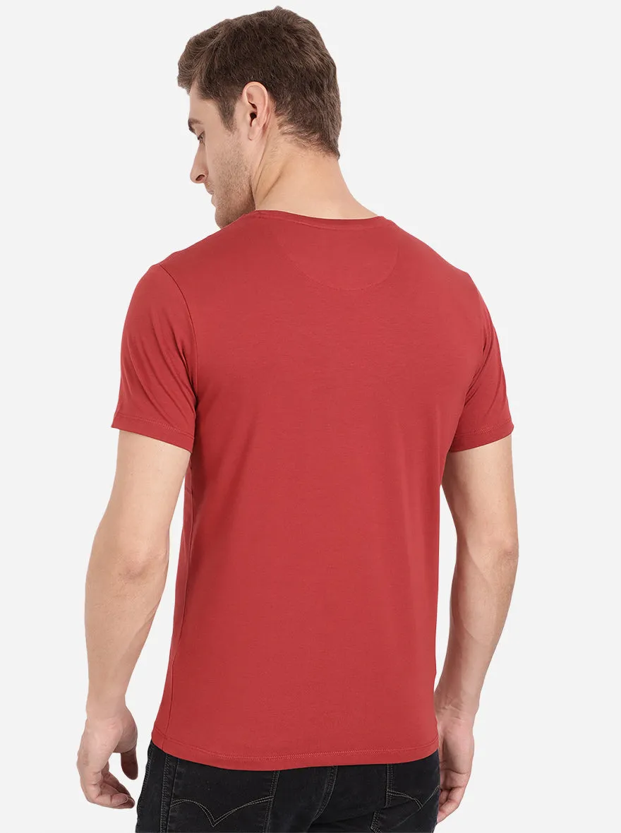 Ochre Red Printed Slim Fit T-Shirt | JadeBlue