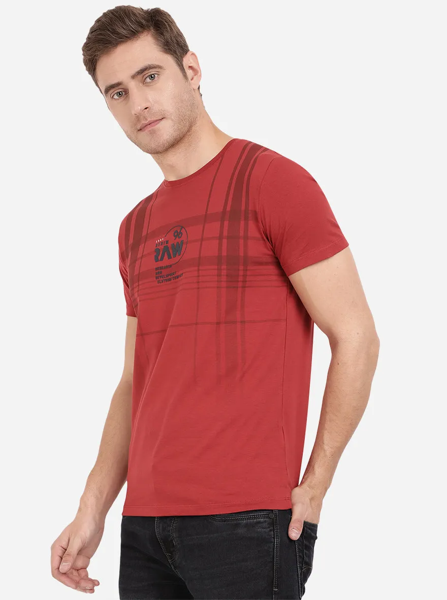 Ochre Red Printed Slim Fit T-Shirt | JadeBlue