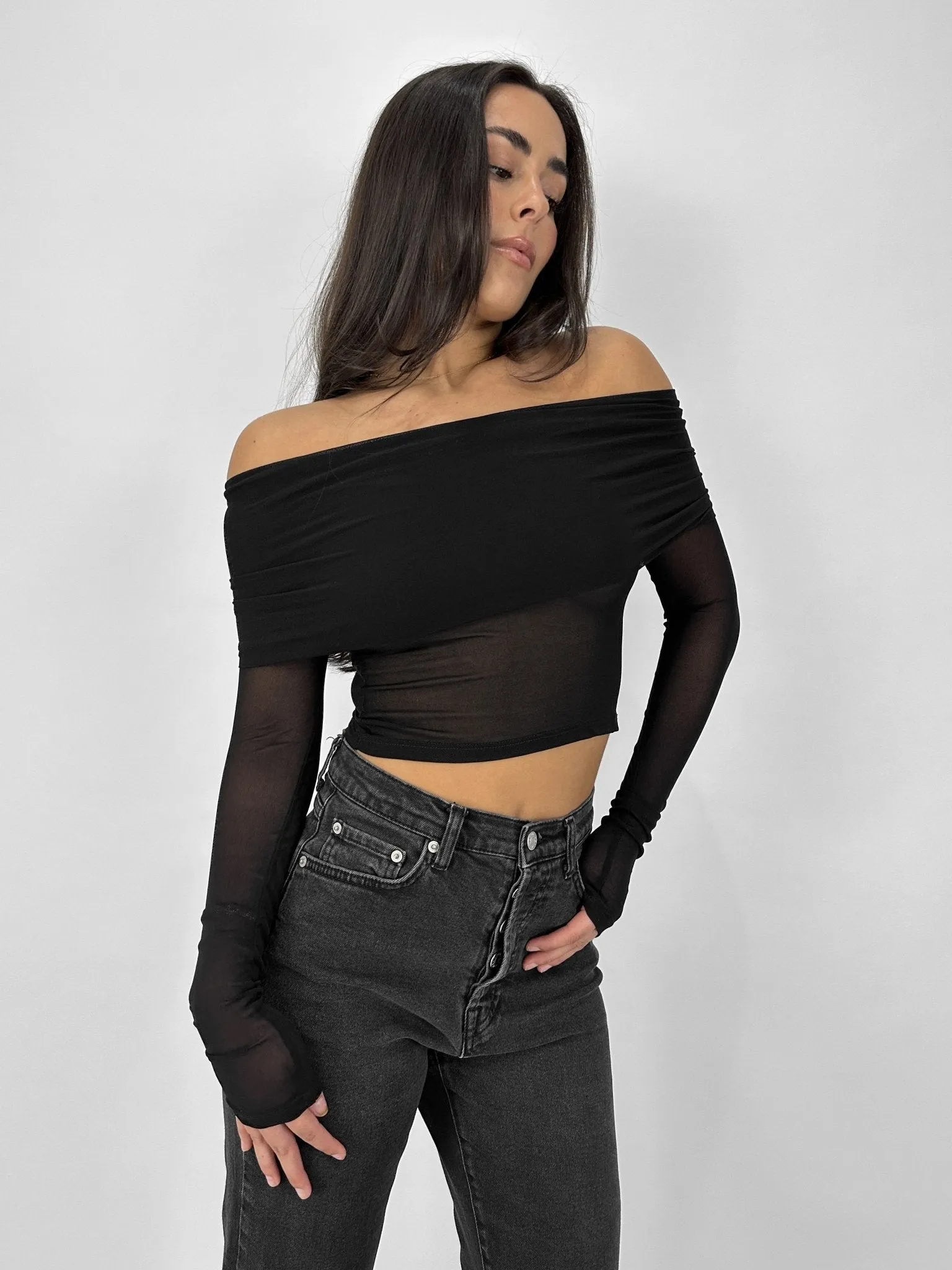 Off The Shoulder Mesh Long Sleeve