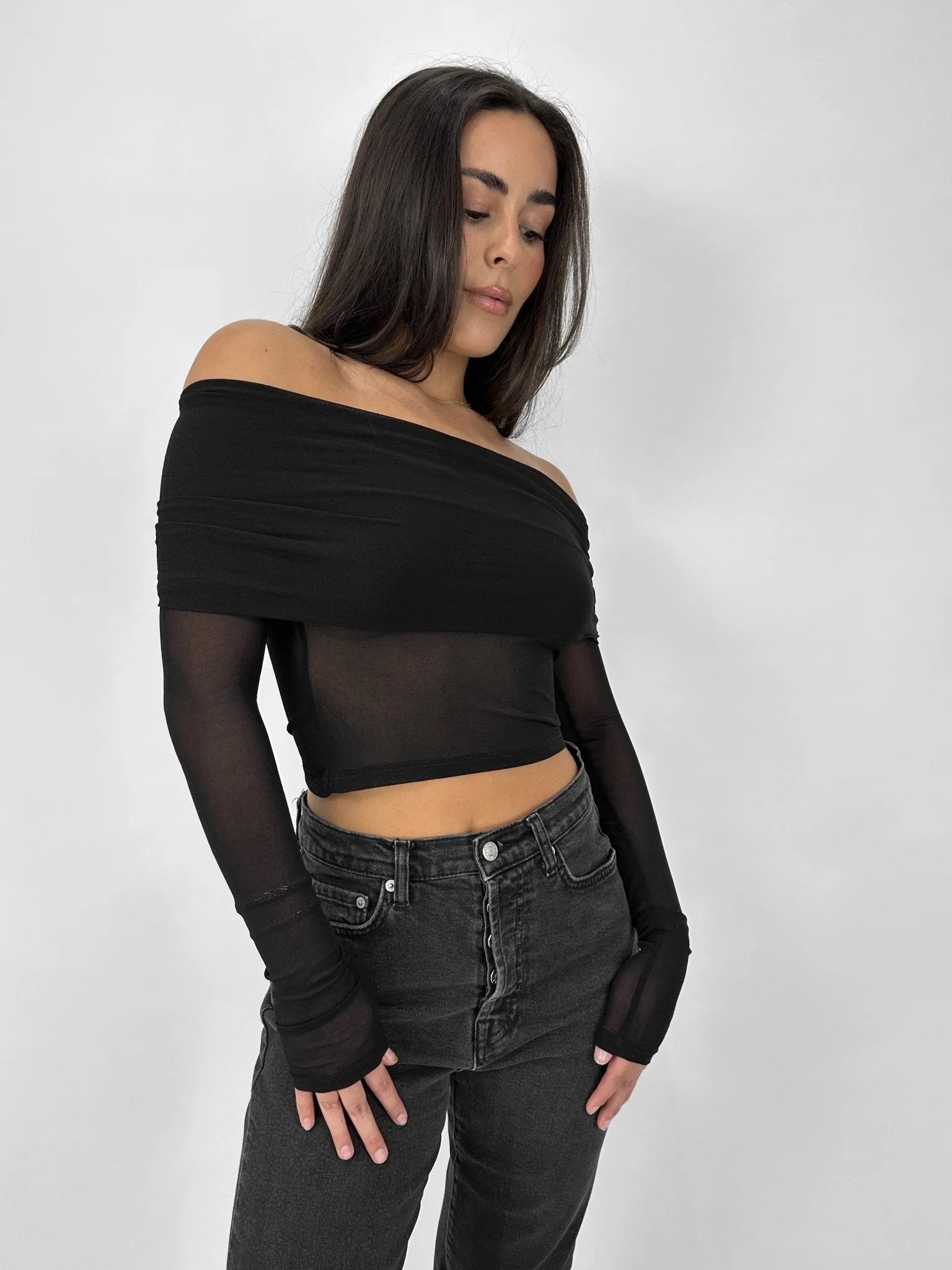 Off The Shoulder Mesh Long Sleeve