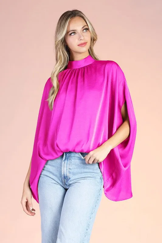 Orchid Washed Poly Silk Mock Neck Caftan Top