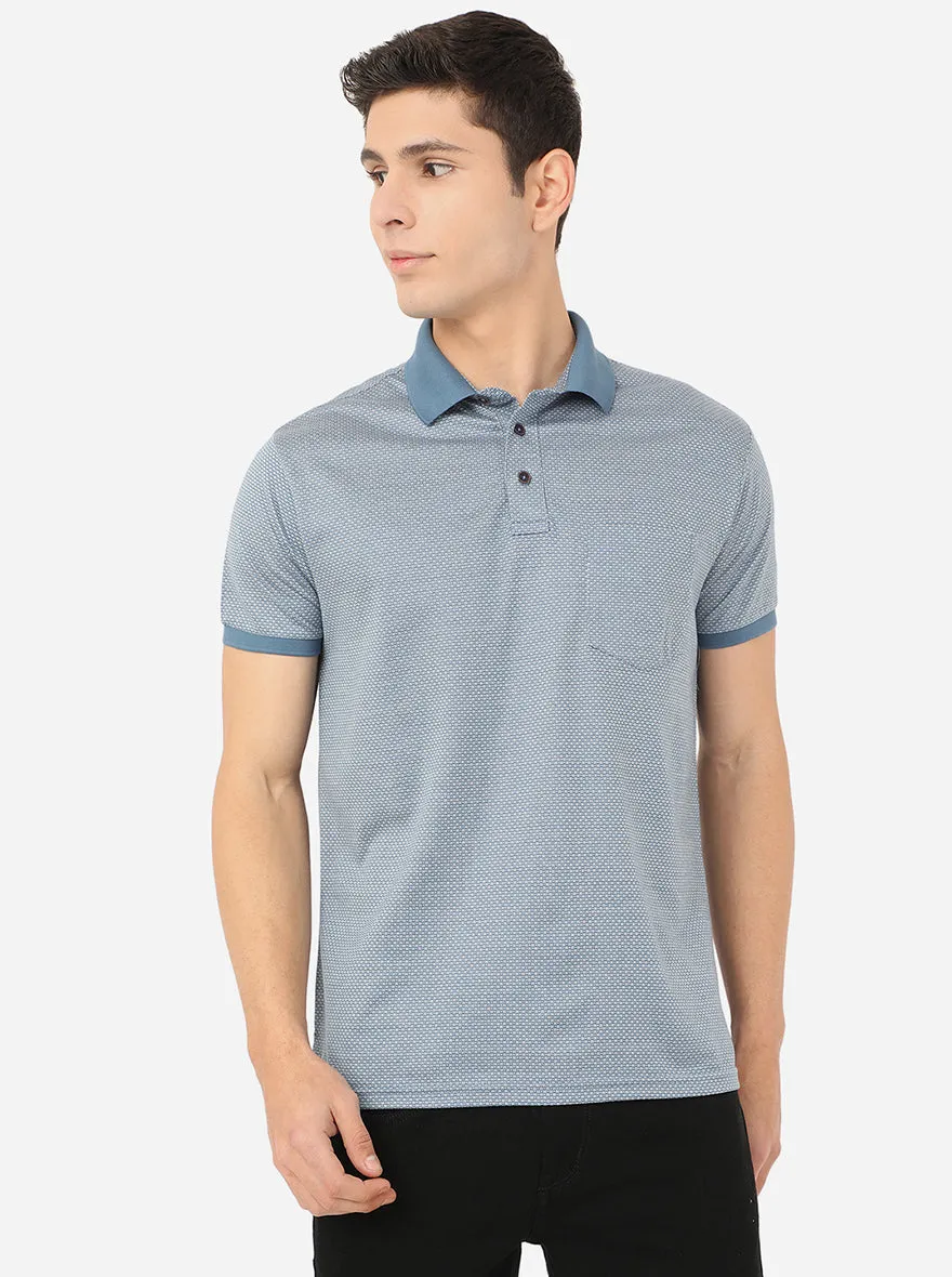 Parision Blue Printed Slim Fit Polo T-Shirt | JadeBlue