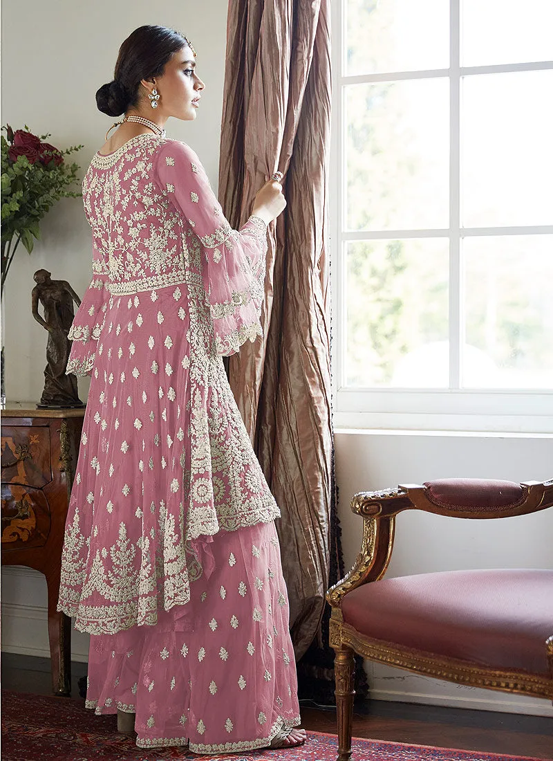 Pink Beige Multi Embroidered Designer Gharara Suit