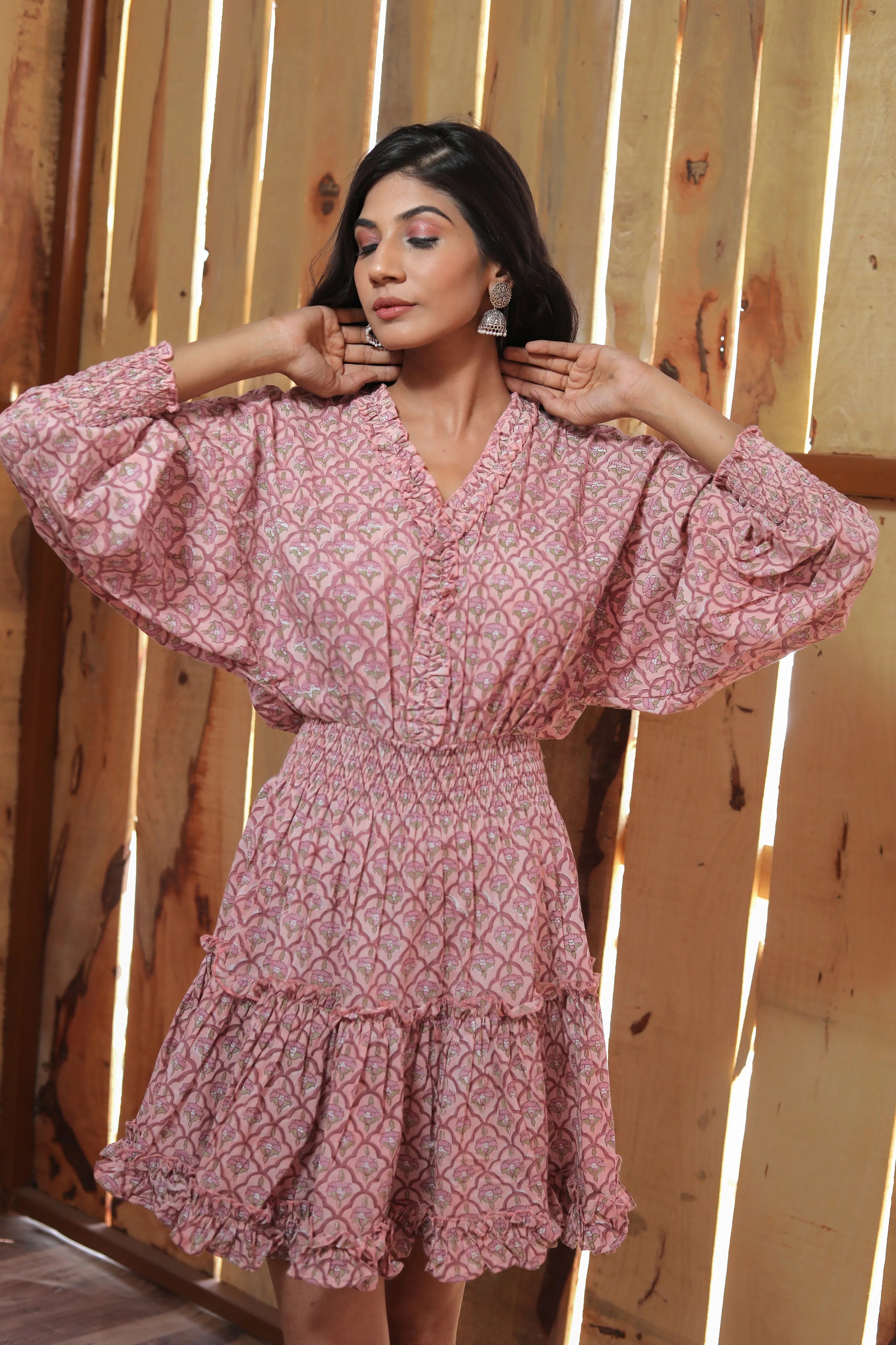 pink claudia tiered style with long sleeves mini dress