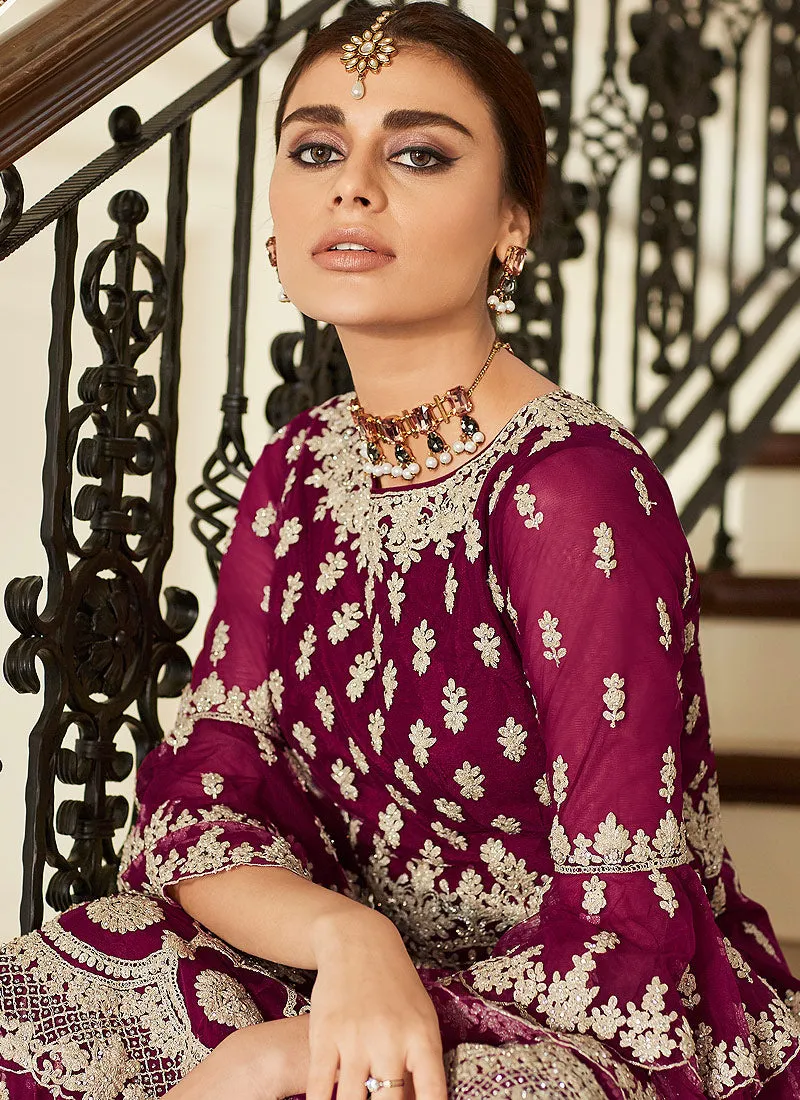 Plum Pink Multi Embroidered Designer Gharara Suit