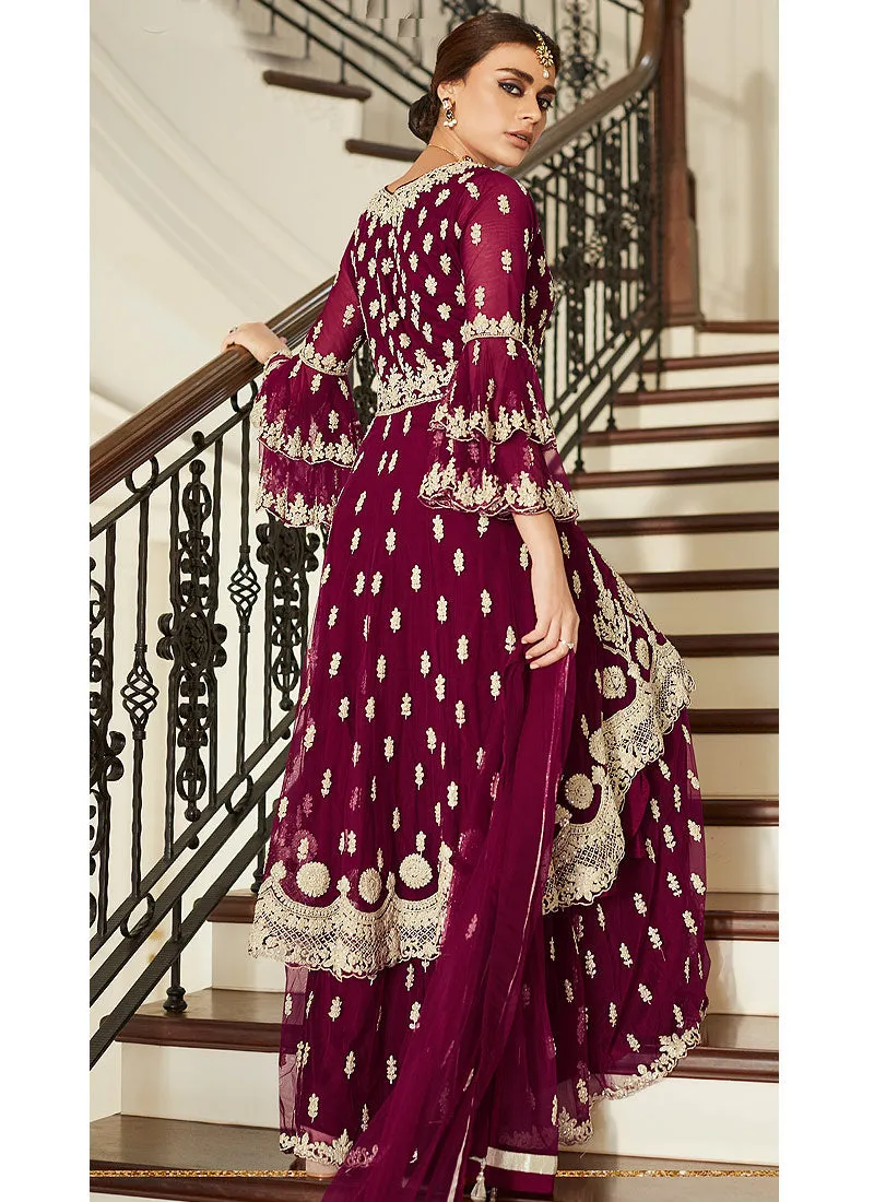 Plum Pink Multi Embroidered Designer Gharara Suit