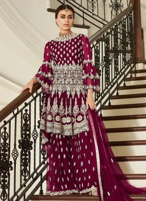 Plum Pink Multi Embroidered Designer Gharara Suit