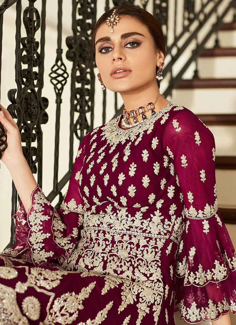 Plum Pink Multi Embroidered Designer Gharara Suit