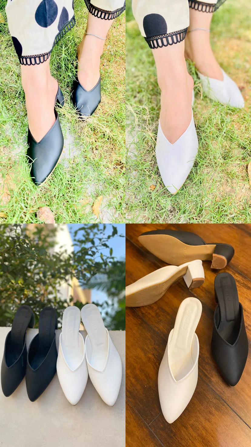 Pointy Toe Block Heels - White