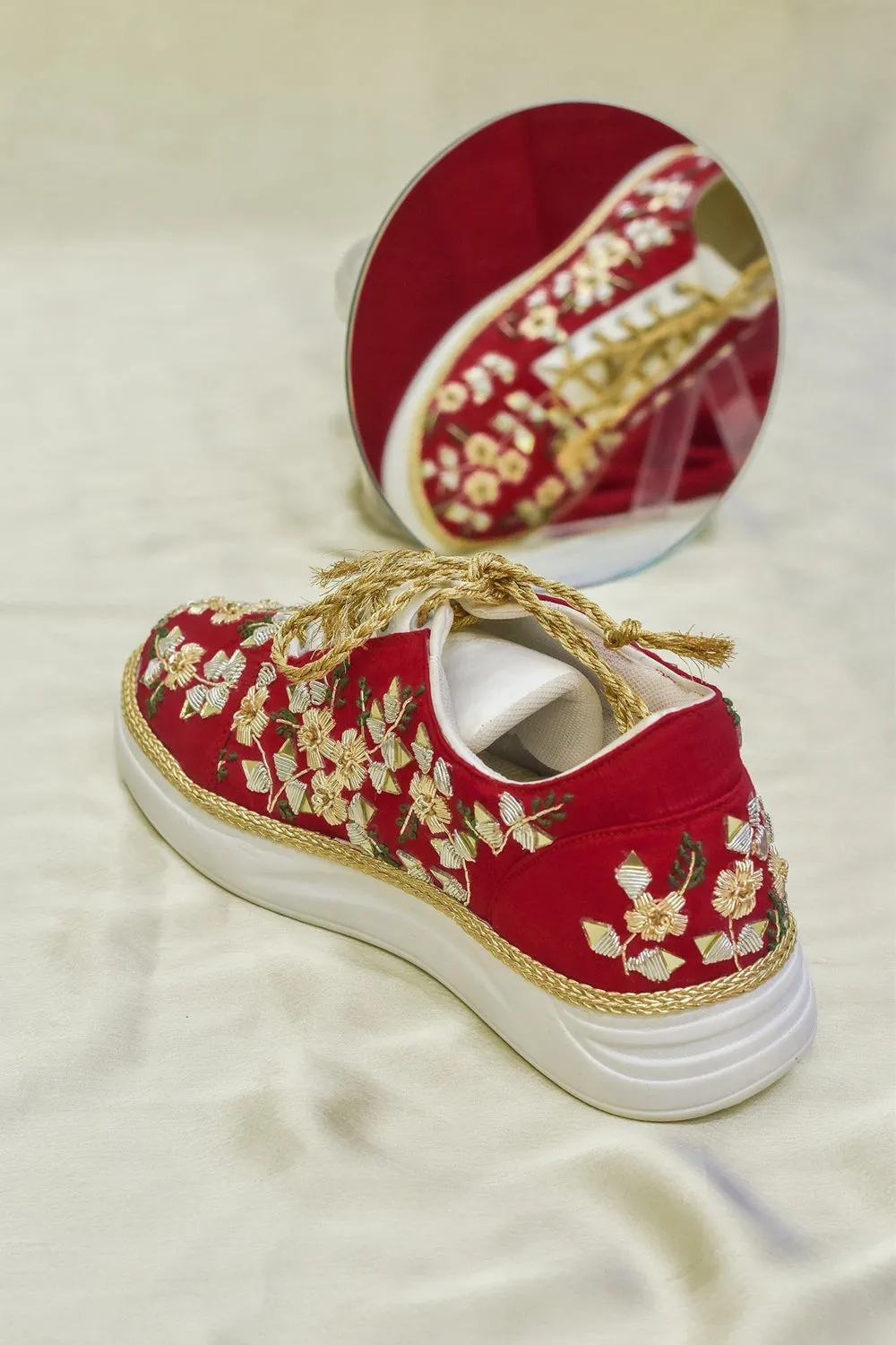 Poly Silk Embroidered Red Sneakers