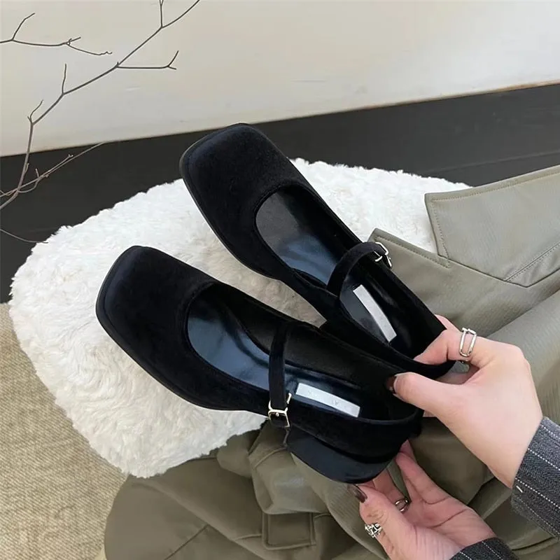 Purpdrank - Mary Janes Shoes Female Golden Velvet 2023 New Square Toe College Style Casual Pumps Fashion Shallow Buckle Shoes Girls