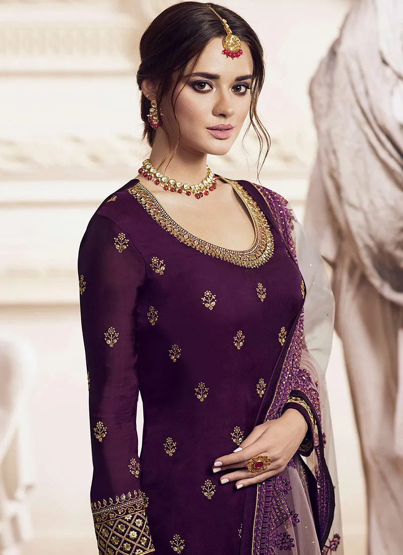 Purple And Beige Golden Embroidered Gharara Suit