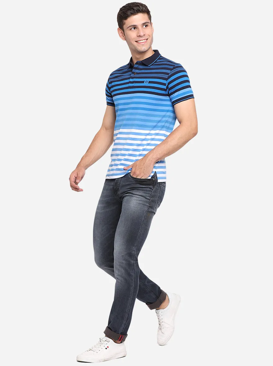 Royal Blue & White Striped Slim Fit Polo T-Shirt | Greenfibre