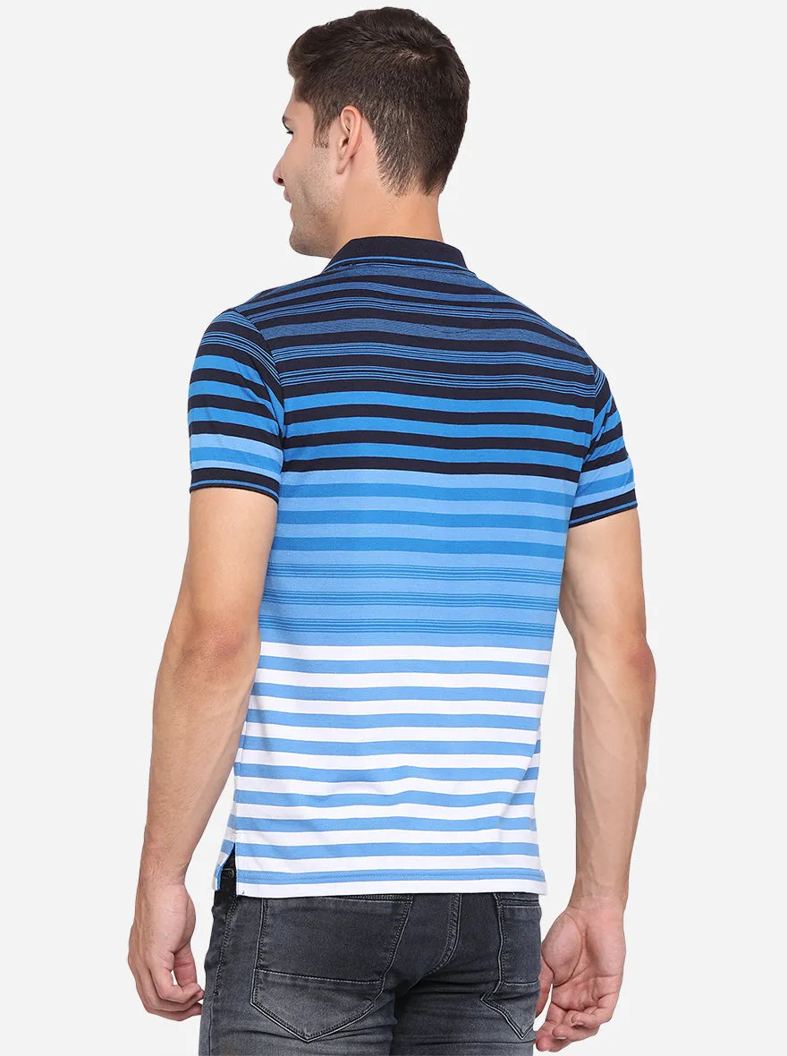 Royal Blue & White Striped Slim Fit Polo T-Shirt | Greenfibre