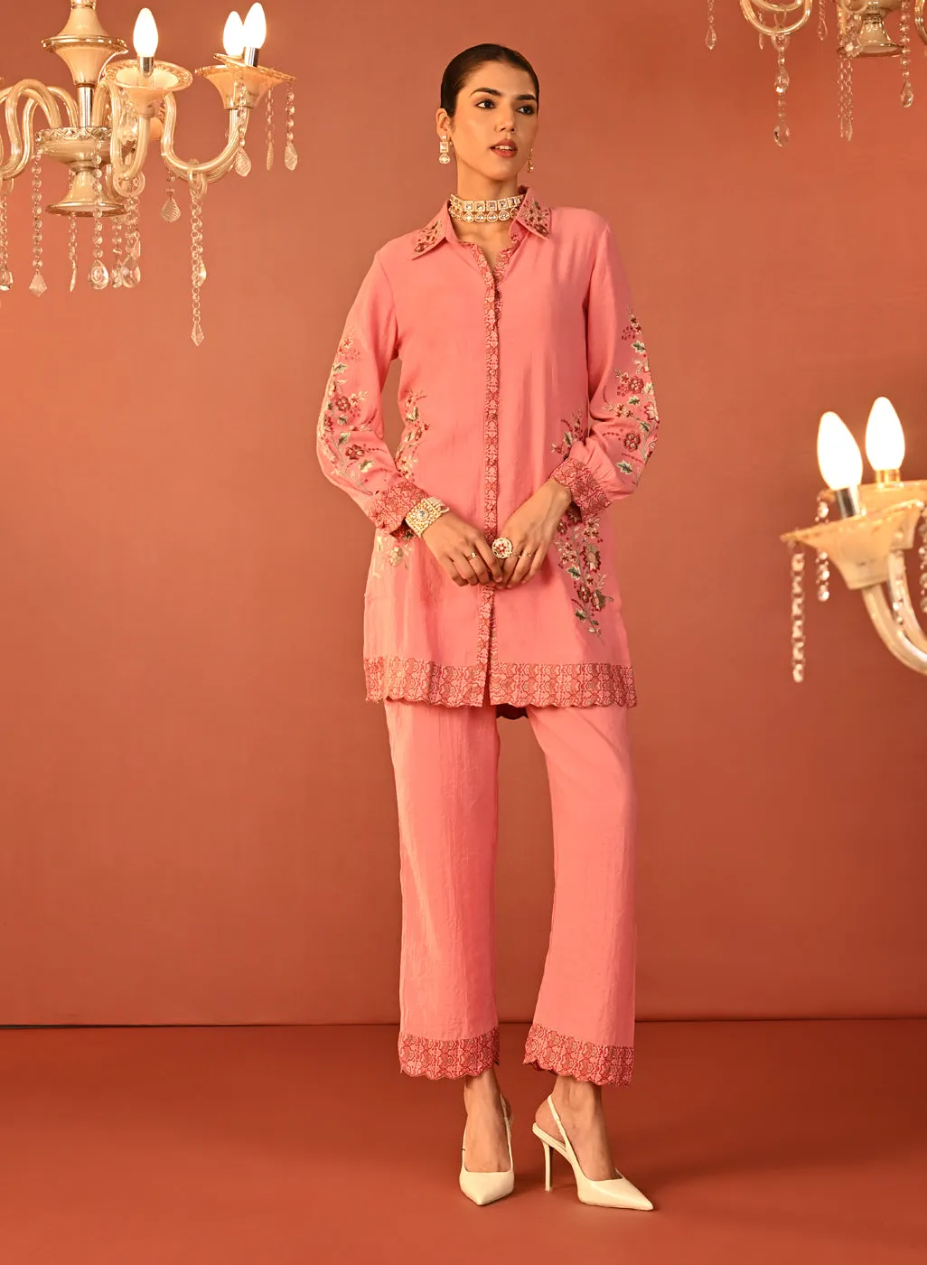 Sabeena Pink Embroidered Cotton Linen Co-ord Set for Women