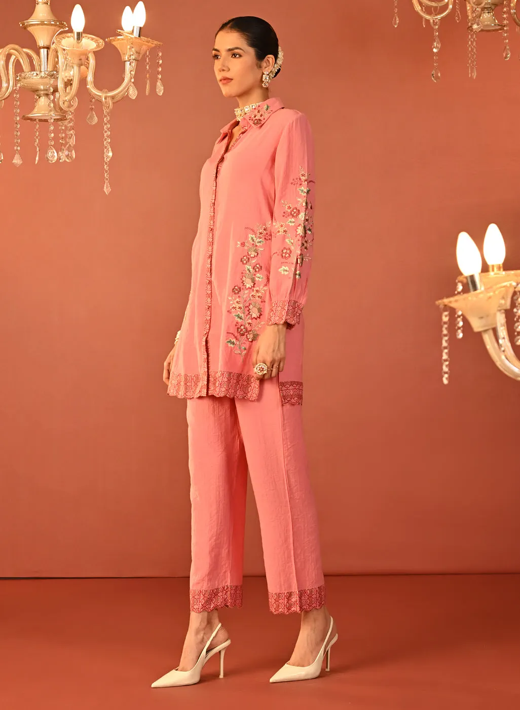 Sabeena Pink Embroidered Cotton Linen Co-ord Set for Women