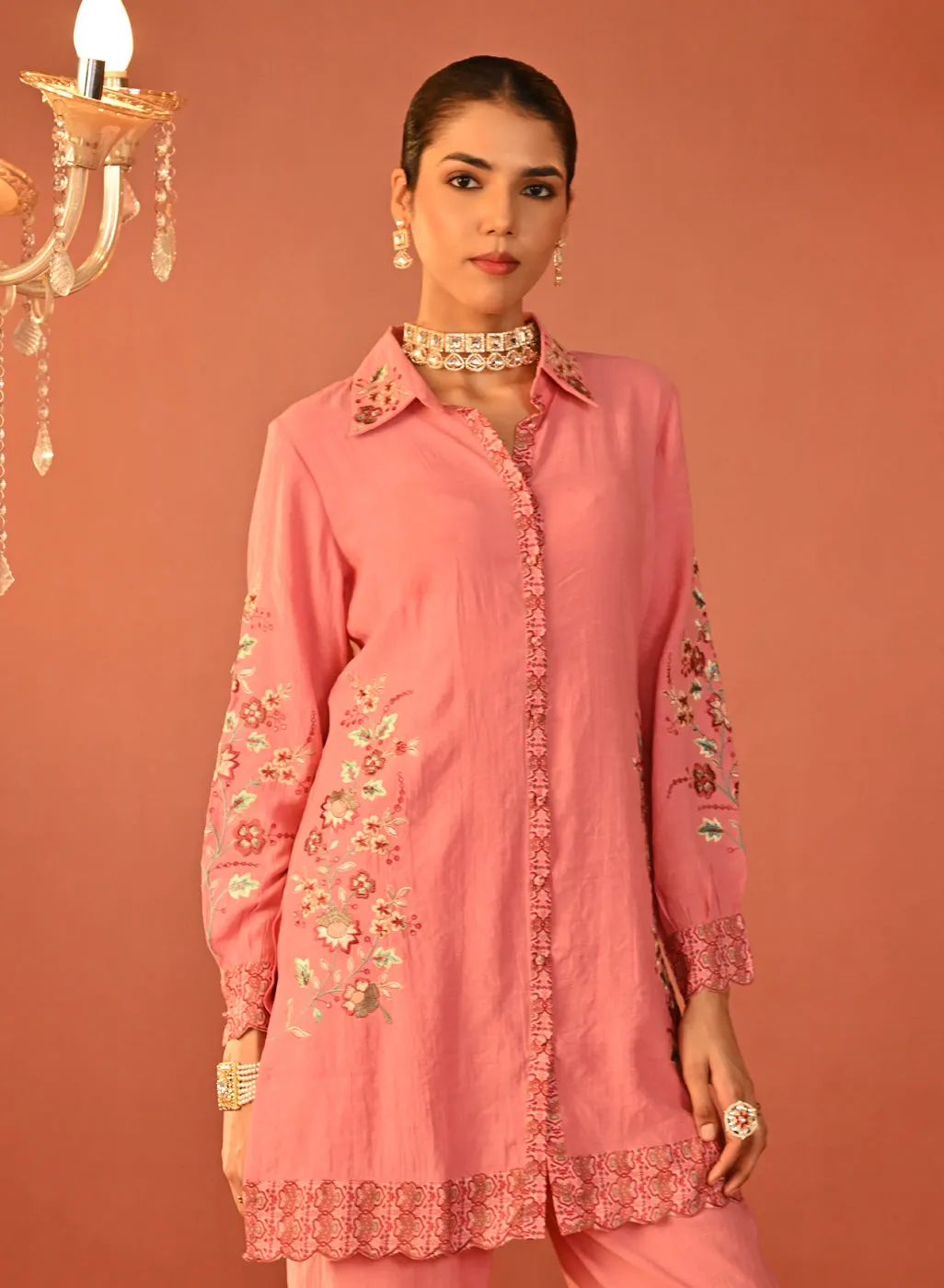 Sabeena Pink Embroidered Cotton Linen Co-ord Set for Women